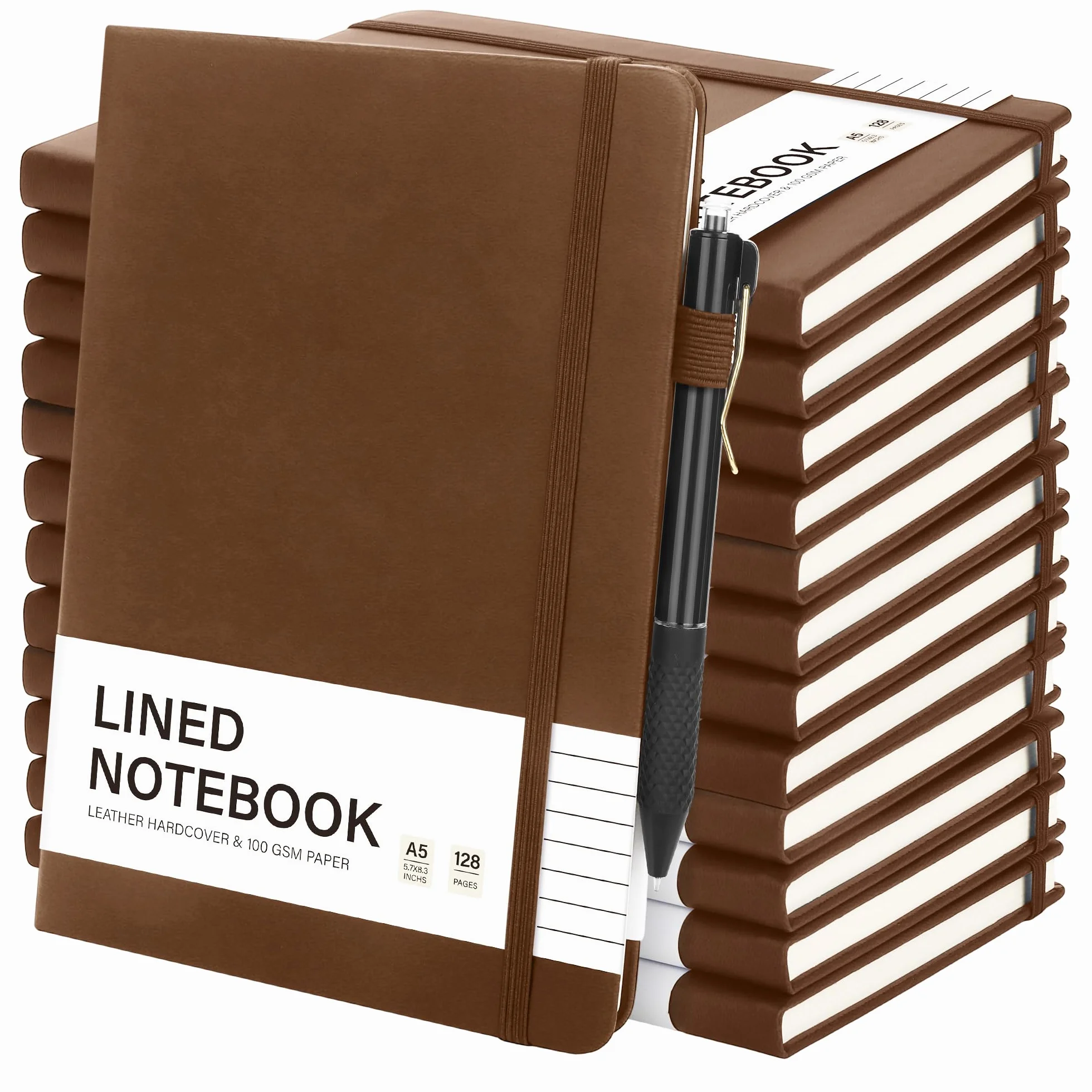 Aodaer Set di 12 quaderni a righe con penne, formato A5, 100 g/m², a righe, con copertina rigida, in pelle PU, con portapenne, per ufficio e scuola, 14 x 21 cm, marrone scuro