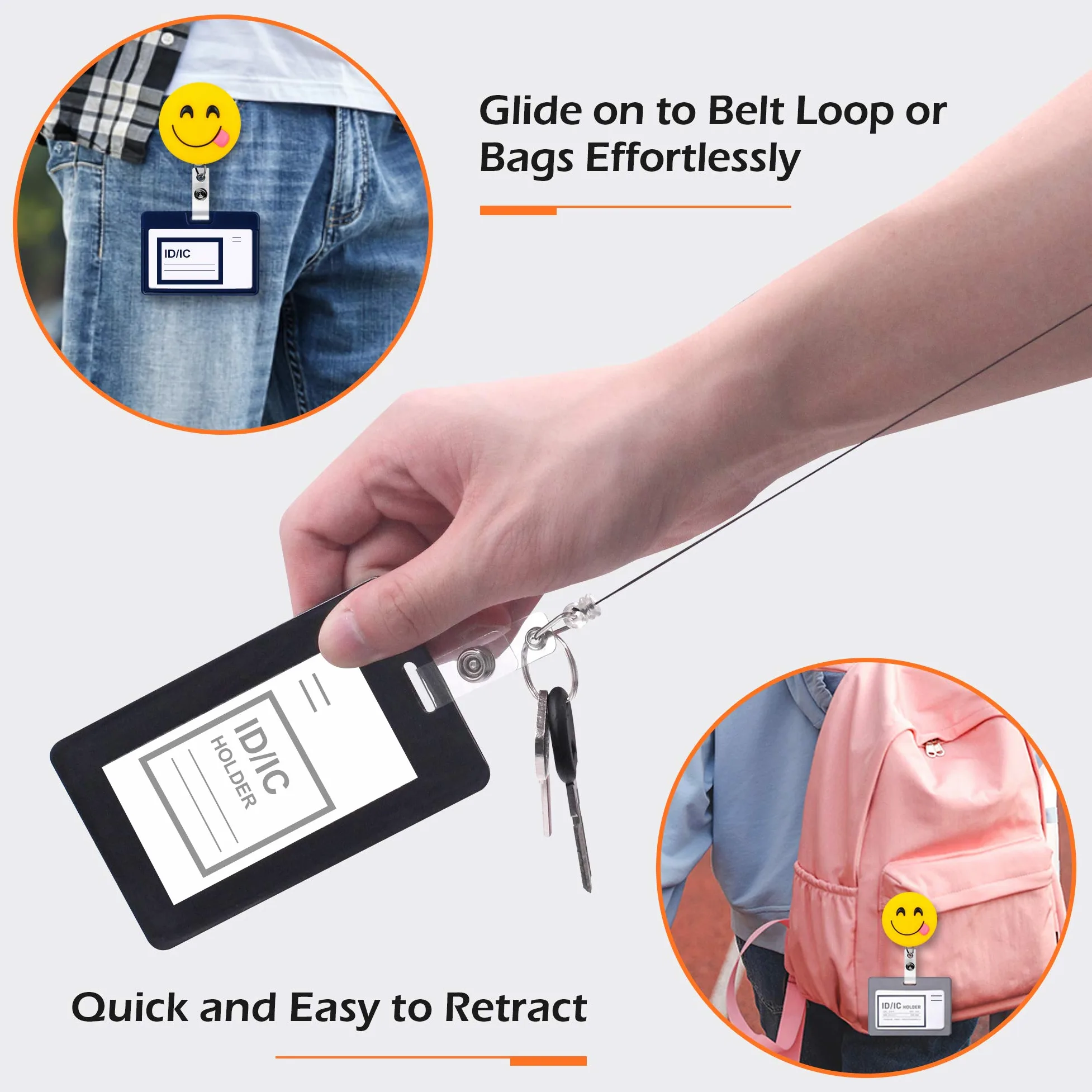 Finex Set da 4 pezzi con clip per badge identificativo sorridente, bobina retrattile, supporto per ufficio, lavoro, infermiera, targhetta, badge, targhette, porta tessere, carino, 76,2 cm, prolunga