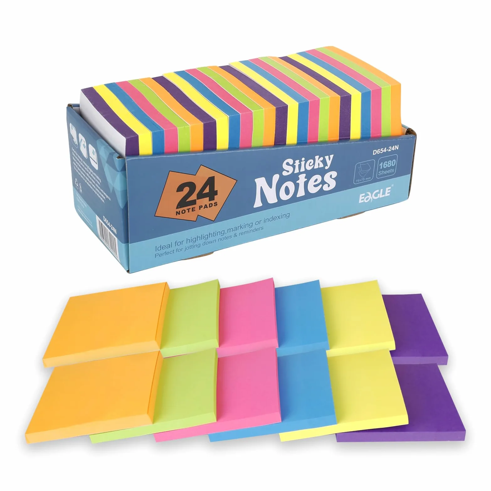 Eagle Set di foglietti adesivi da 7,6 x 7,6 cm, colori vivaci, 4 blocchetti di 6 colori, blocchi adesivi per ufficio, scuola e uso domestico, 70 fogli/blocco (colori neon assortiti)