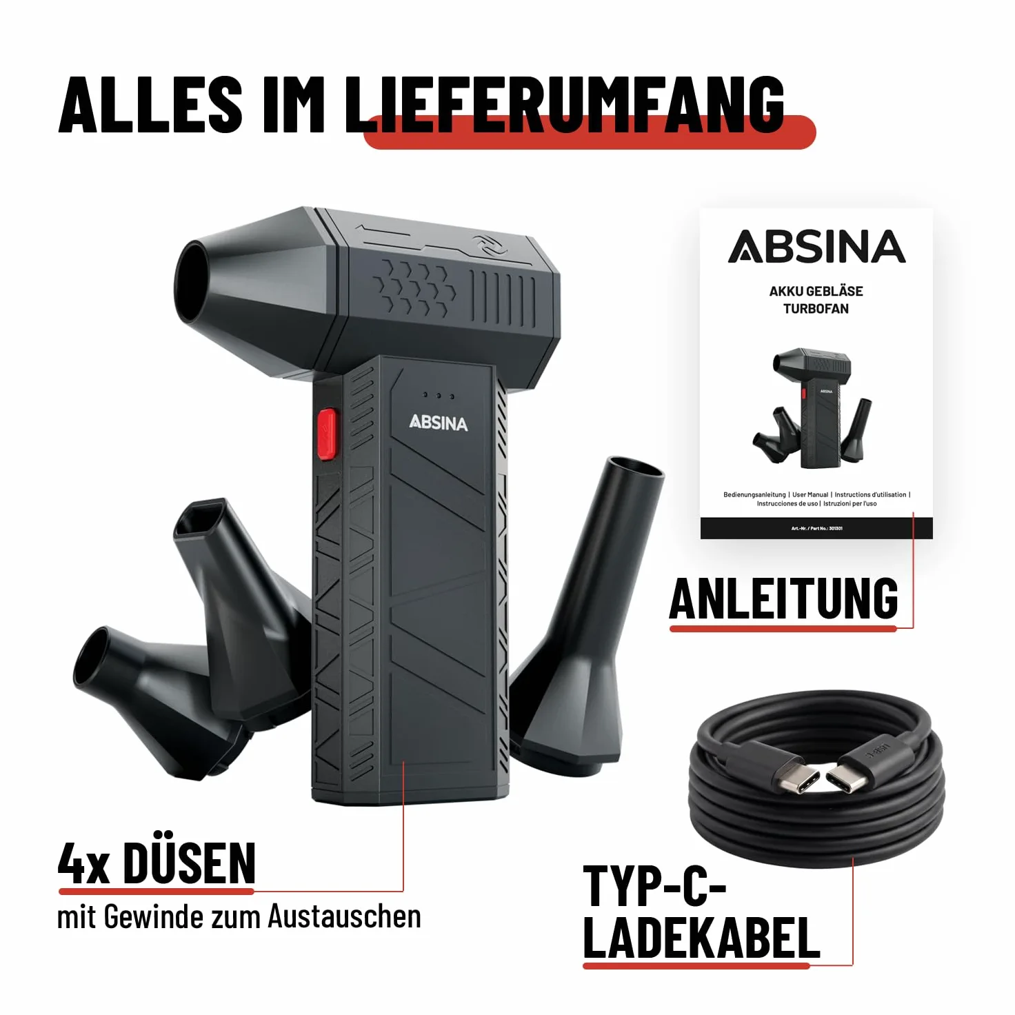 ABSINA Soffiatore a batteria potente 110.000 giri/min 3 livelli | pistola aria compressa ricaricabile con 4 ugelli - per PC, casa, auto e altro - soffiatore portatile