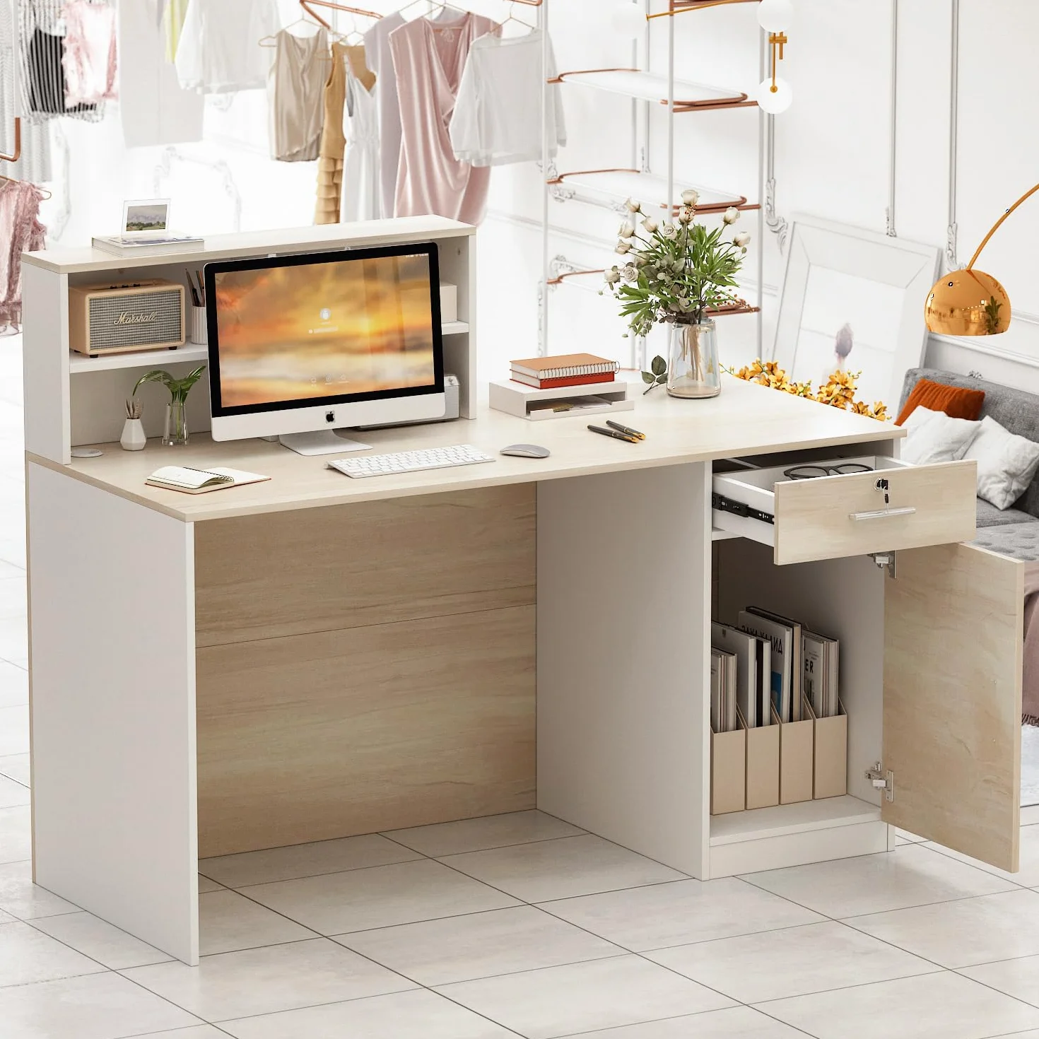 bancone reception, mobile da ufficio in legno e bianco, 140 x 60