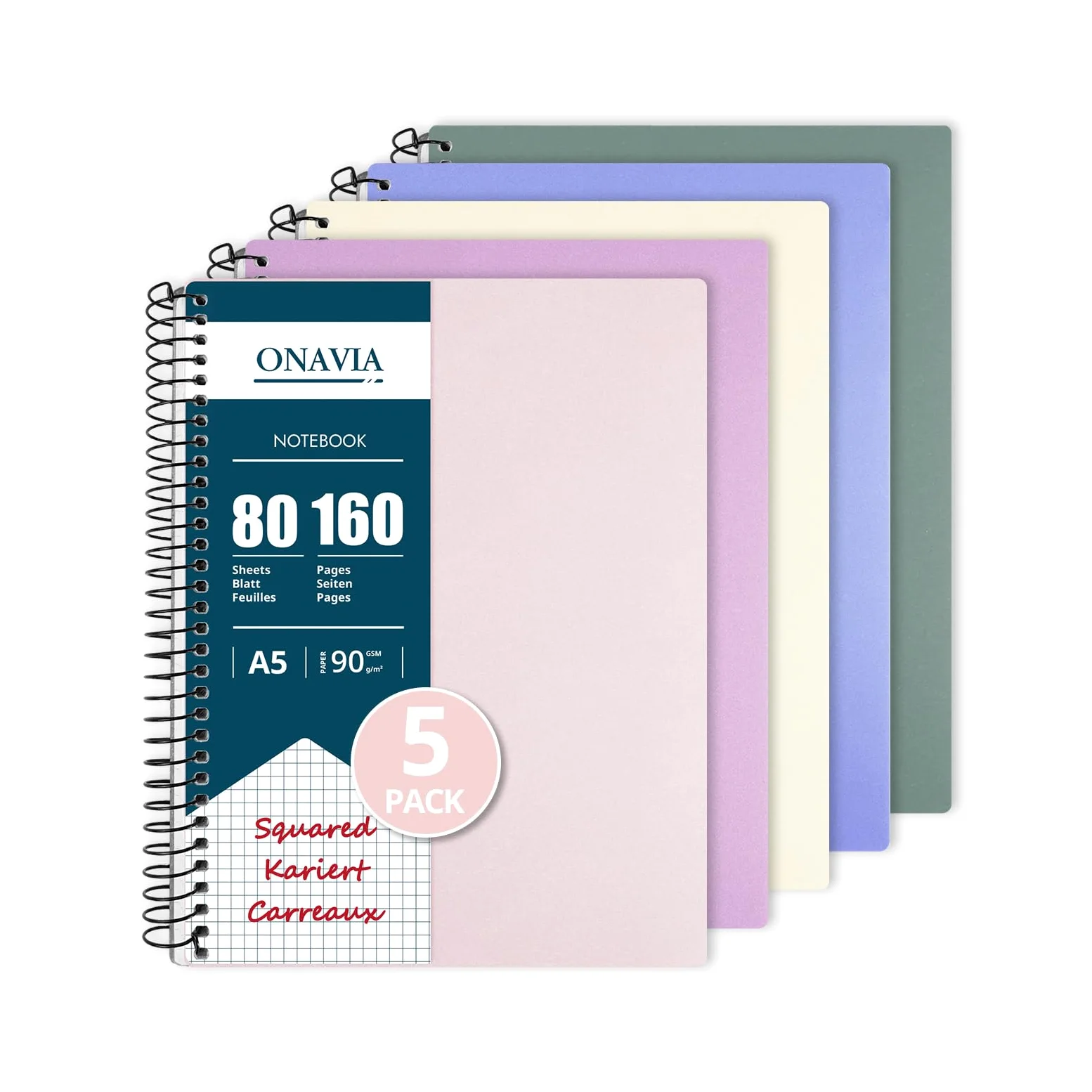 ONAVIA Quaderno A5 Quadretti 5 Pezzi Quaderni 80 Fogli 90 g/m², Multicolore | Taccuino a spirale con Tasche, Quadrettati 5x5 mm, Pagine Staccabili, Copertina in Polietilene per Studio e al Lavoro