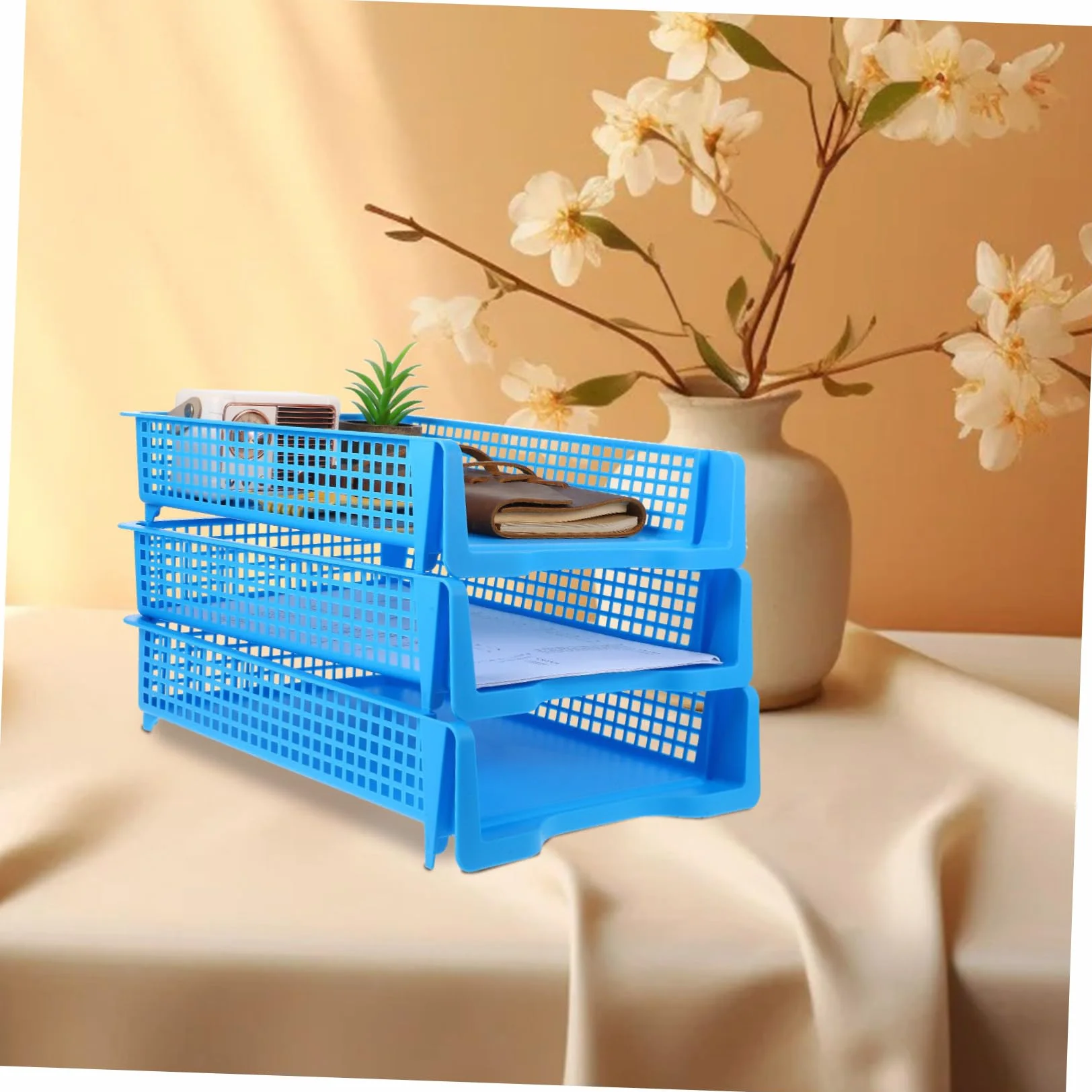 Homoyoyo Set da 3 Vaschette Portadocumenti Impilabili in Plastica Blu, Organizer Multifunzionale per Ufficio e Aula Design Minimale e Funzionalità Versatile