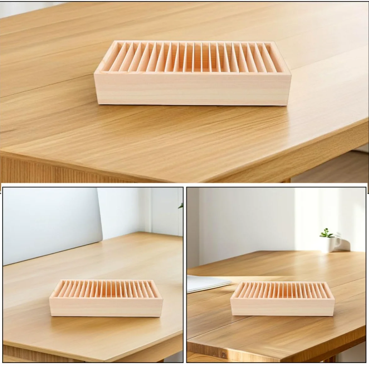 Scatola Porta Biglietti da Visita 2 Pezzi Design Multi-scomparto e Struttura Staccabile in Legno Beige per Organizzazione Versatile a Casa e Ufficio