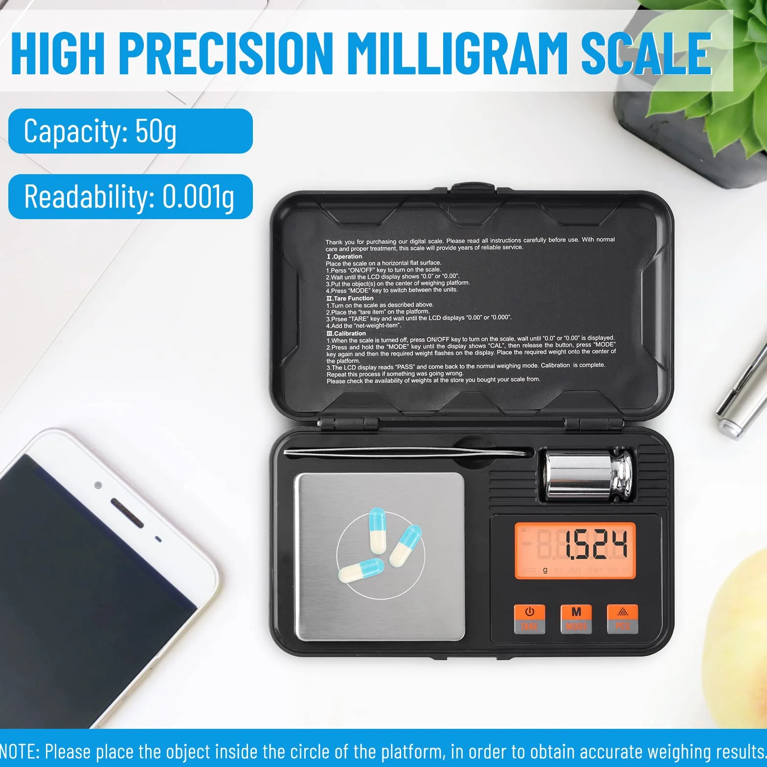 50g 0,001g Bilancia digitale a milligrammi Bilancia tascabile Bilancia di precisione Display LCD con 50g-Peso e Pinzette Bilancia per gioielli
