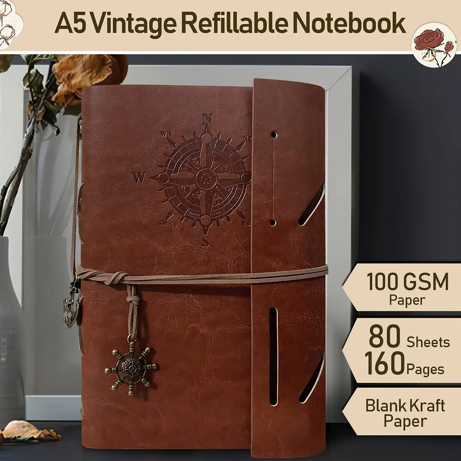 Taccuino A5 in Pelle PU Riutilizzabile Vintage Rifillabile per Diario di Viaggio