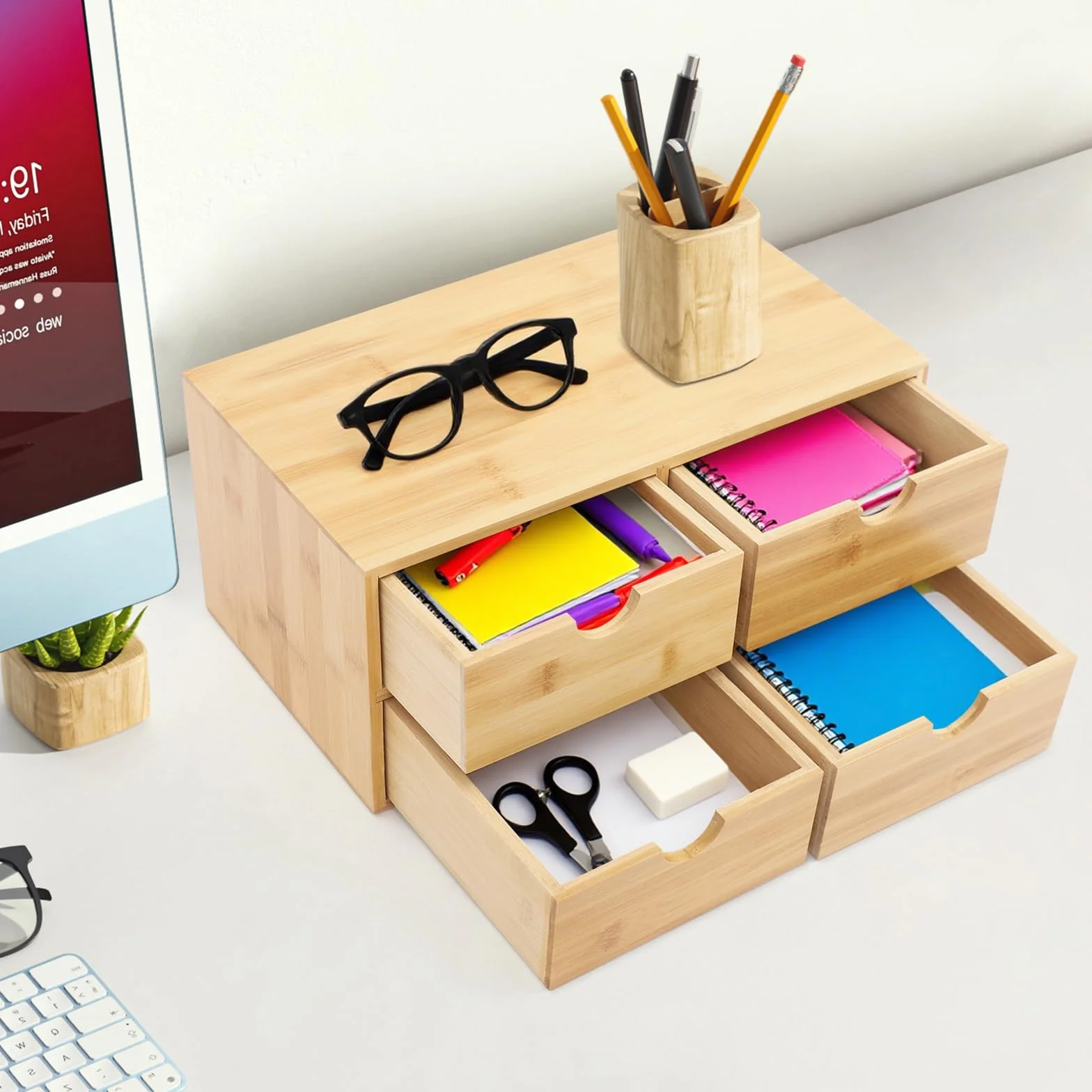 Scatola portaoggetti in legno con 4 scomparti, 33 × 19 × 16 cm, grande organizer da scrivania, adatto per soggiorno, camera da letto, studio, uffici e case per studenti