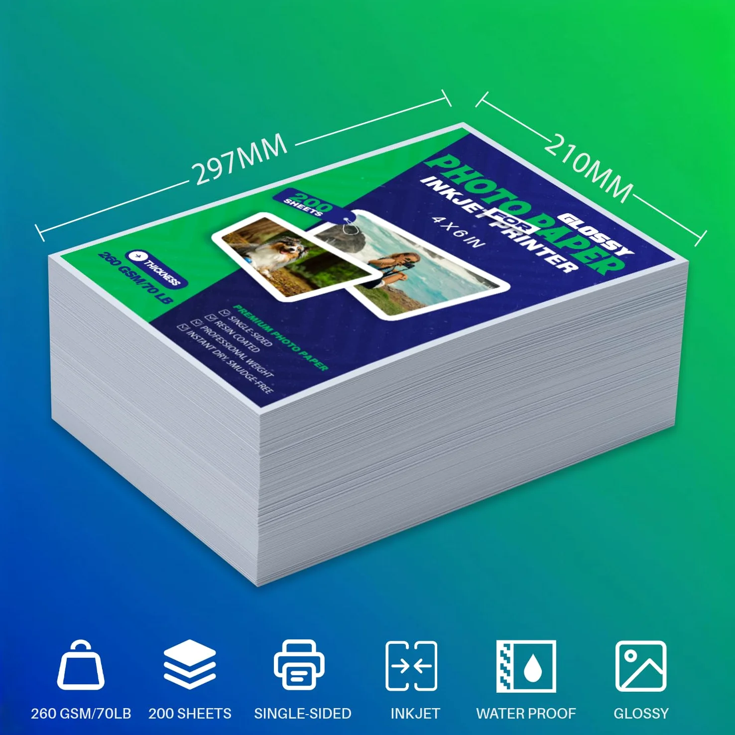 A4 Carta Fotografica a getto d'inchiostro, lucida 200 fogli 260GSM carta fotografica per stampante Premium pesante istantaneo asciutto professionale cartolina immagine utilizzare inchiostro di tintura