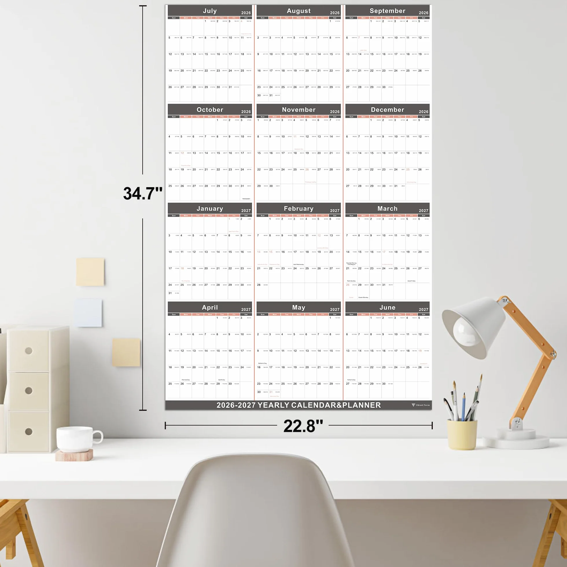 Vibrant Focus Calendario annuale 2026-2027, da luglio 2026 a giugno 2027, 88 x 57,9 cm | Calendario da parete 2026-2027, con carta spessa, XL, planner annuale 2026-2027 (calendario annuale, nero)