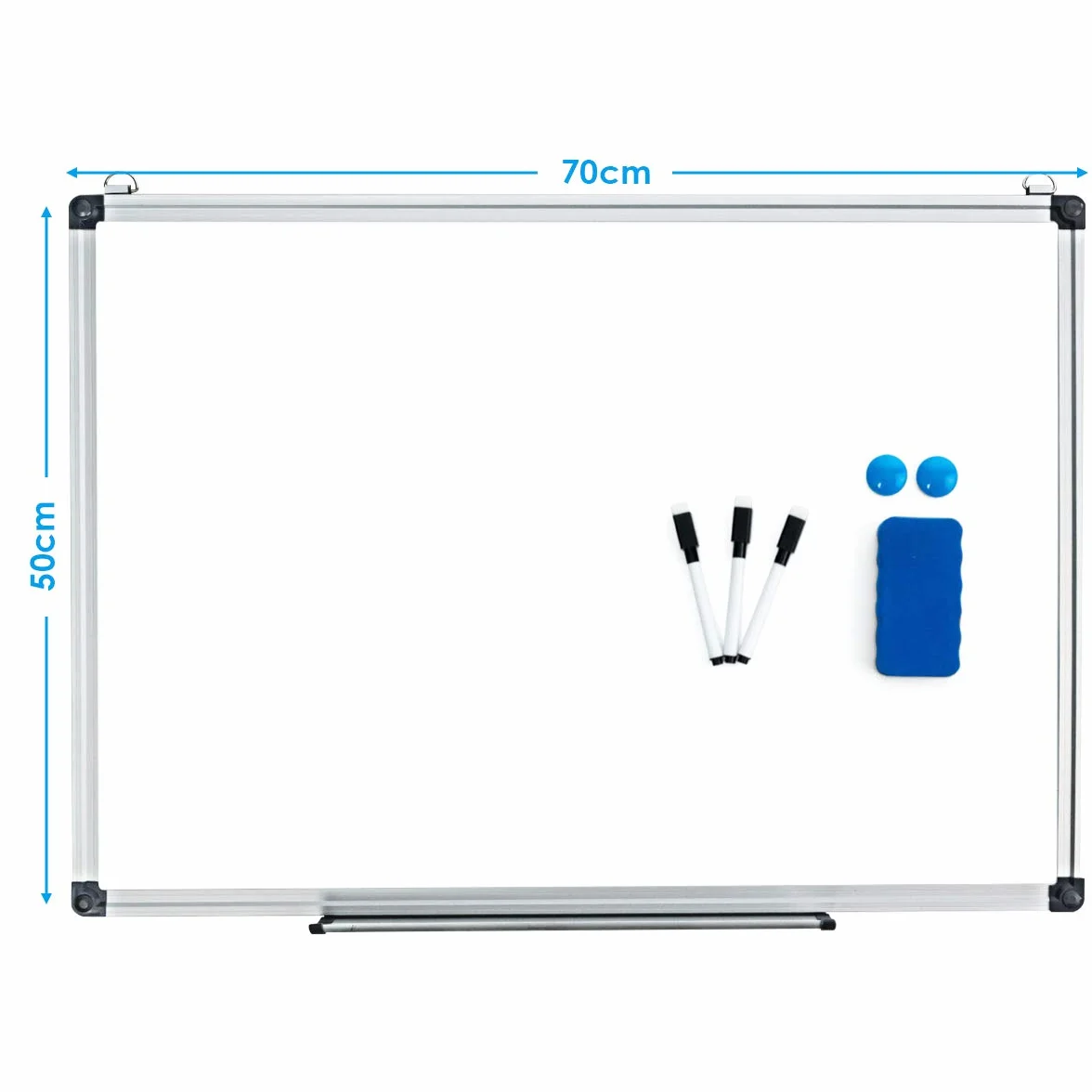 LIFEZEAL Lavagna Magnetica da Parete, Lavagna Magnetica per Calamite, Lavagna Bianca, con Ganci e Ripiano Rimovibile, Gomma, Penne e Particelle Magnetiche, Whiteboard per Ufficio e Scuola (70x50 cm)