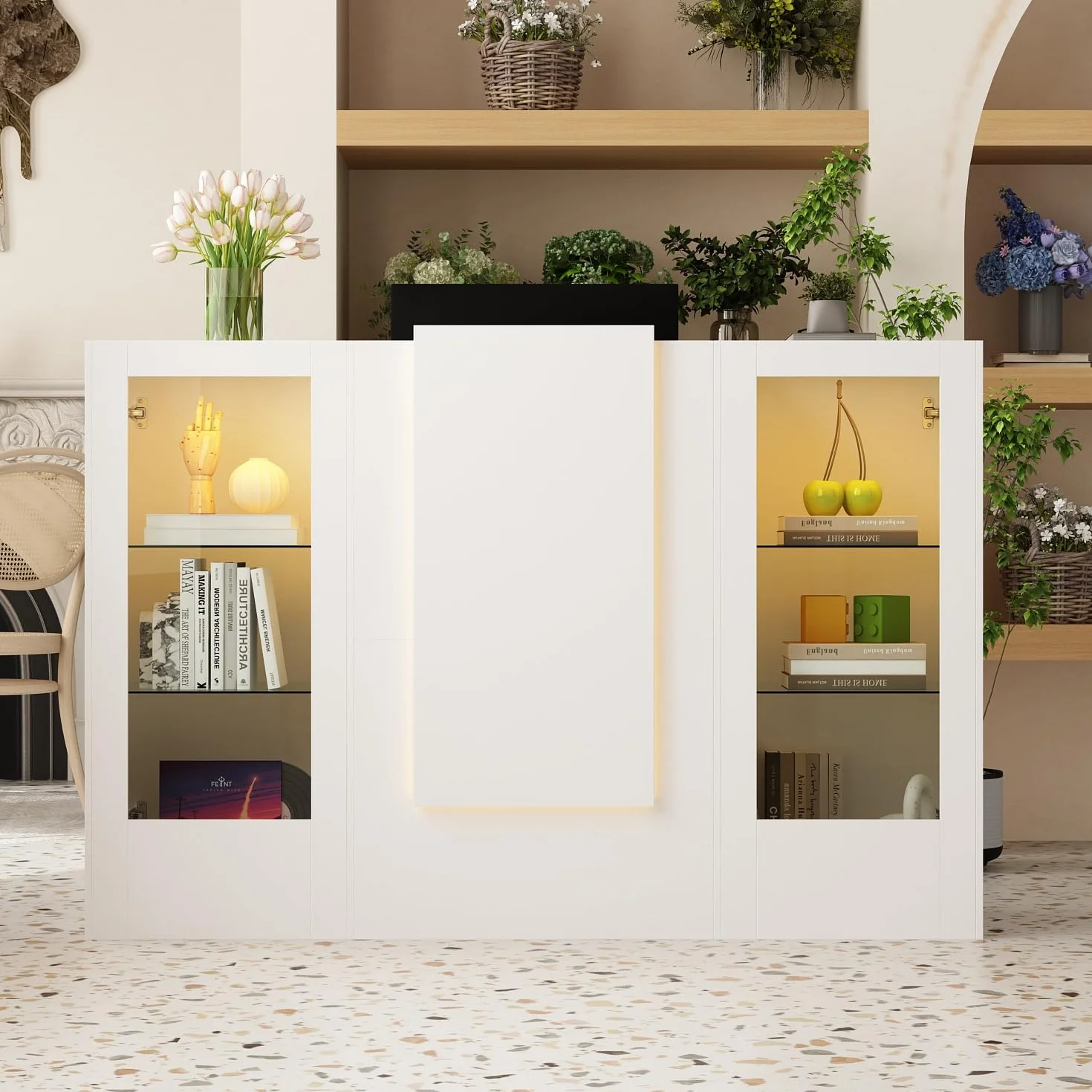 Bancone da reception bianco, tavolo da ricevimento con barra luminosa, bancone per reception, bancone ricezione, tavolo per reception, bancone ricezione con 2 armadietti e 1 vassoio scorrevole