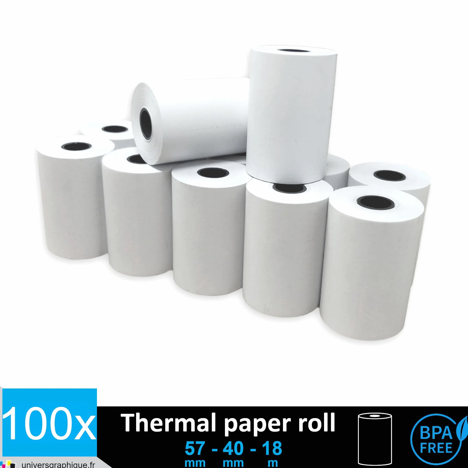 UniversGraphique 100 Rotoli di Carta Termica per Stampare Scontrini, 57mm x 40mm, Carta Bianca di Alta Qualità senza BPA