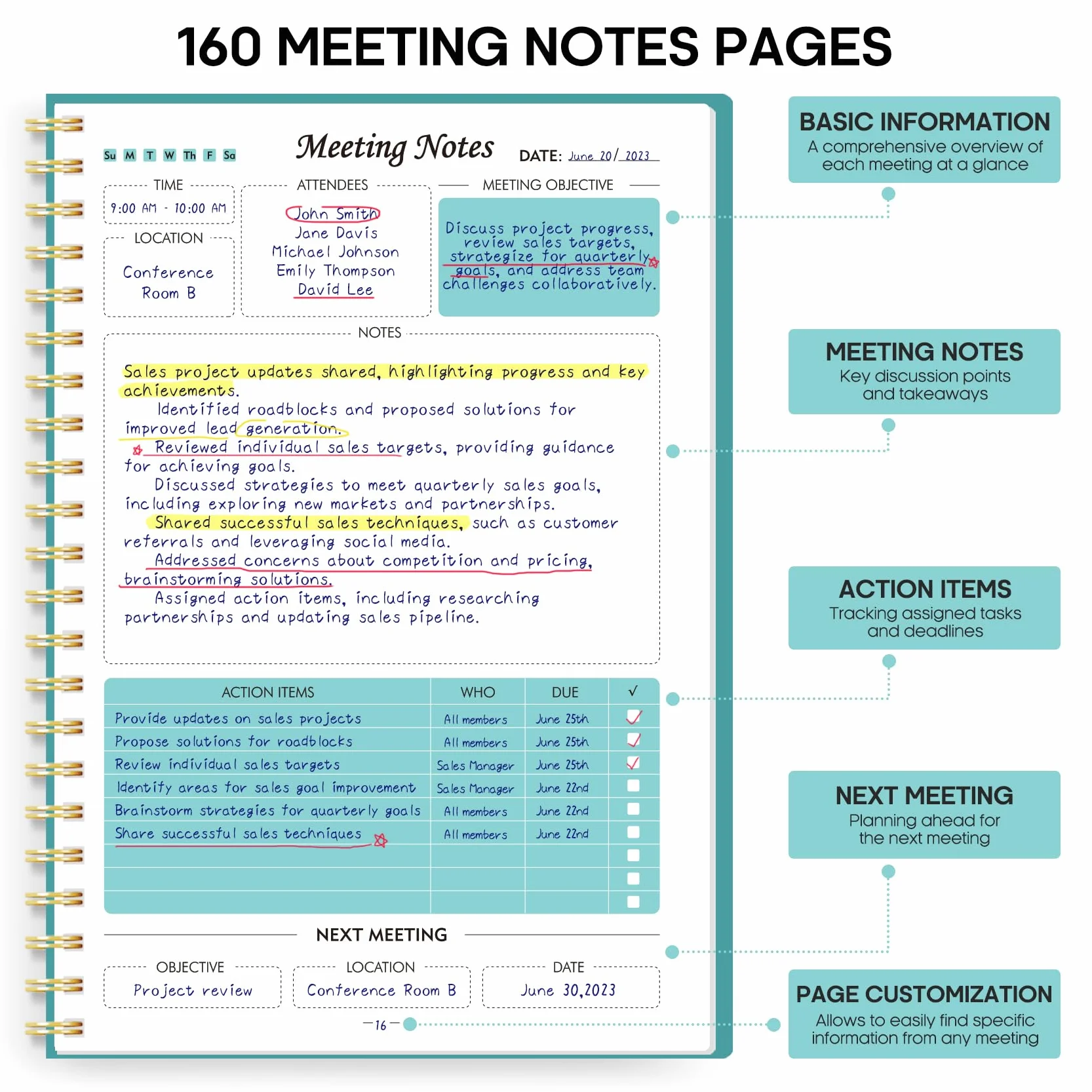 Confezione da 6 quaderni per riunioni per organizzazione del lavoro, agenda con elementi d'azione, agenda per prendere appunti, 160 pagine (17,5 x 25,1 cm), organizer per progetti per uomini e donne