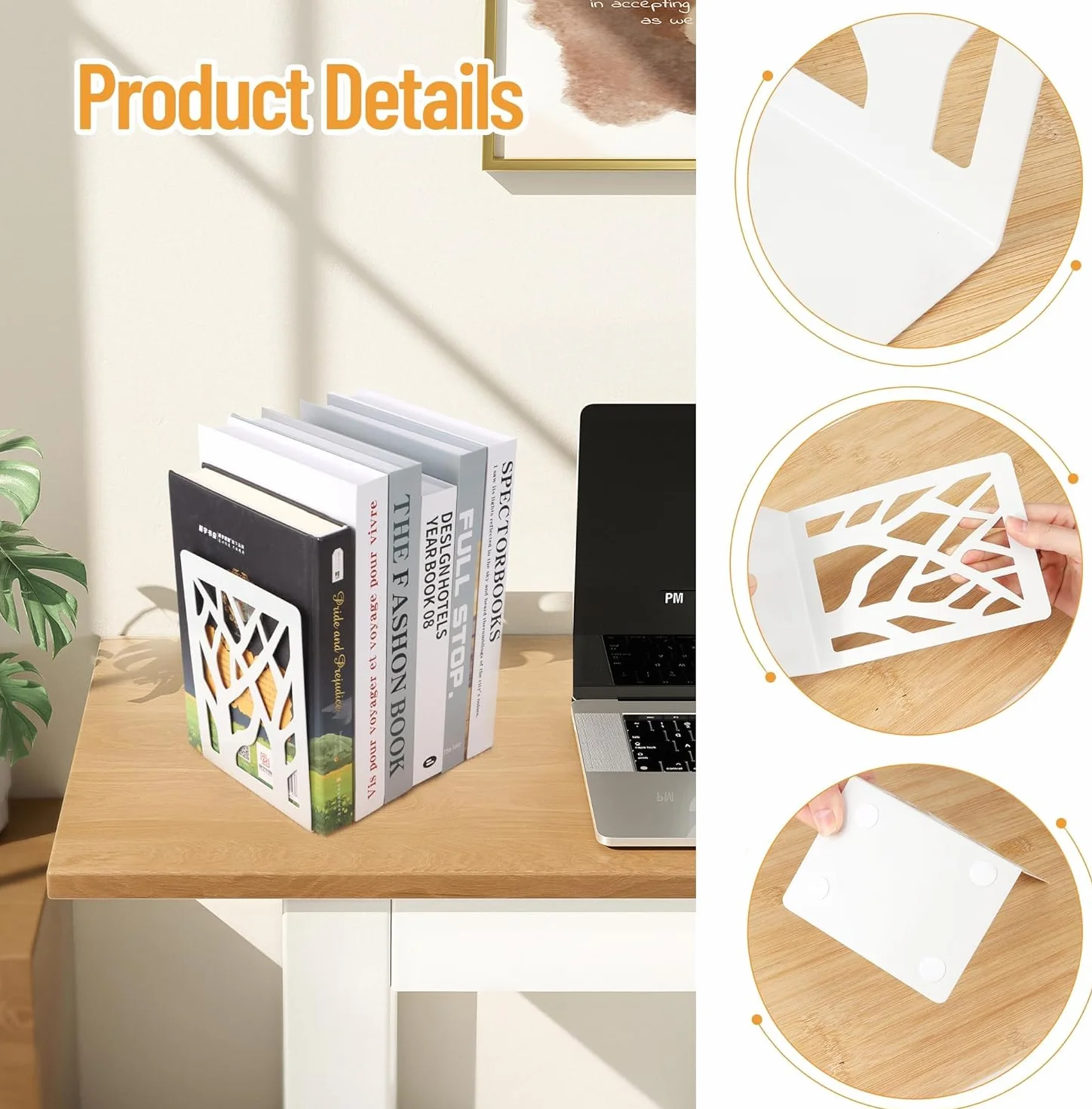 Fermalibri in Metallo per Scaffali, Bookends con Antiscivolo, Bianco