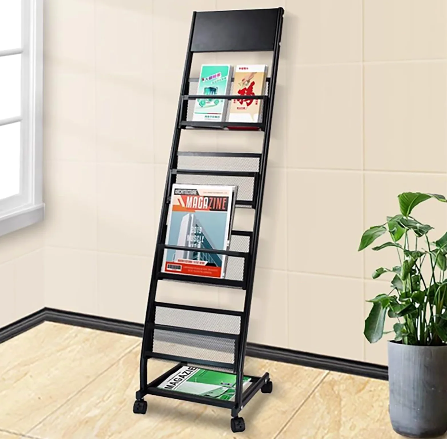 Portariviste in rete metallica con rotelle, espositore a 5 strati per brochure e archivio, organizer verticale multiuso, decorazione moderna