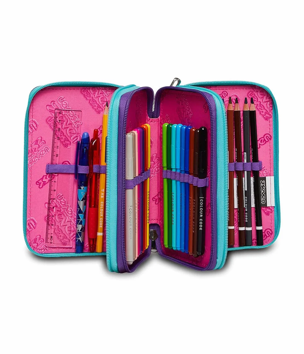 Seven Astuccio Scuola Elementare 3 scomparti con Matite Pennarelli Penne 3 Zip Trendy Heart Girl rosa/azzurro