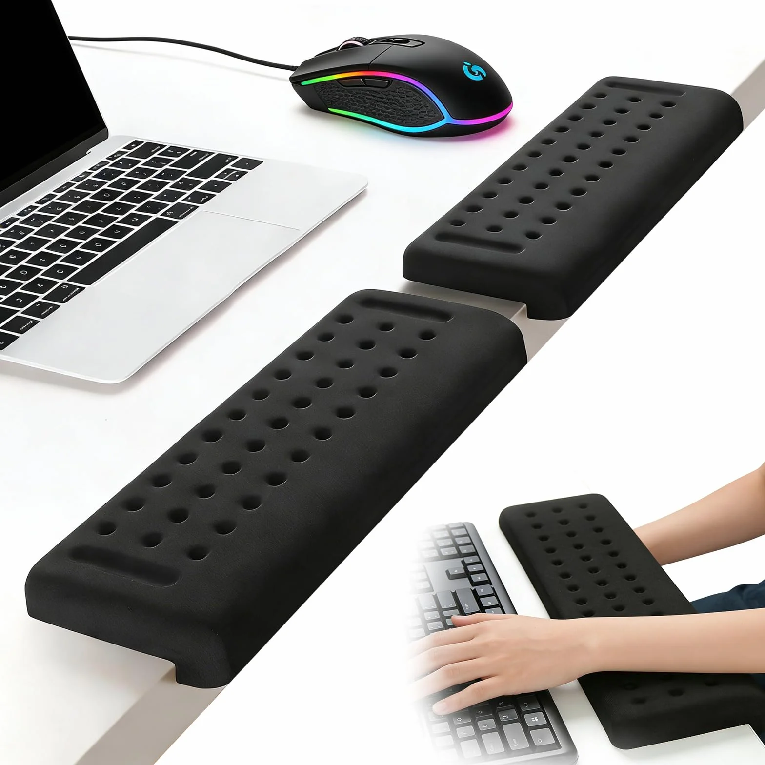 Poggiapolsi Tastiera a Forma di L 2 Pezzi, Poggiagomiti da Scrivania, Supporto Polsi per Lavoro o Gioco (Nero)