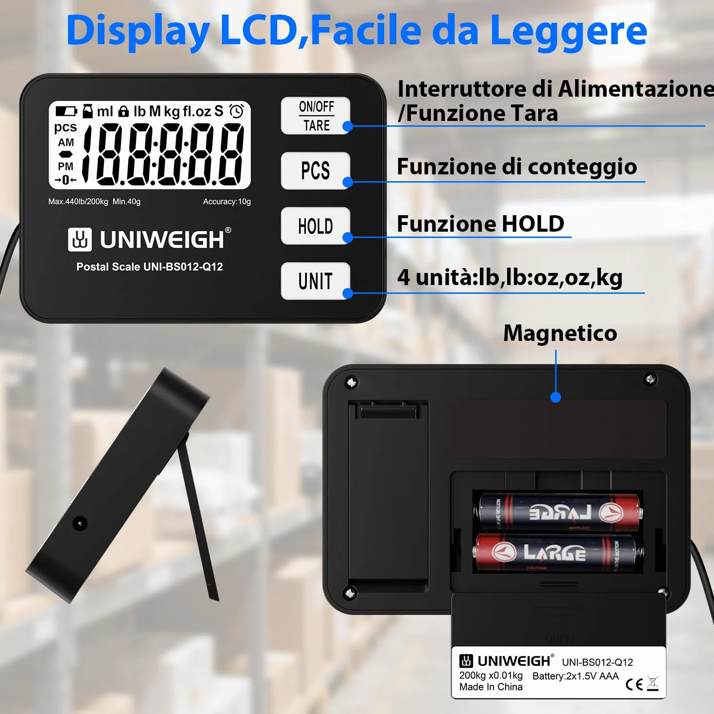 UNIWEIGH Bilancia per pacchi 440 lb 0,35 oz digitale PCS Tenuta Tara