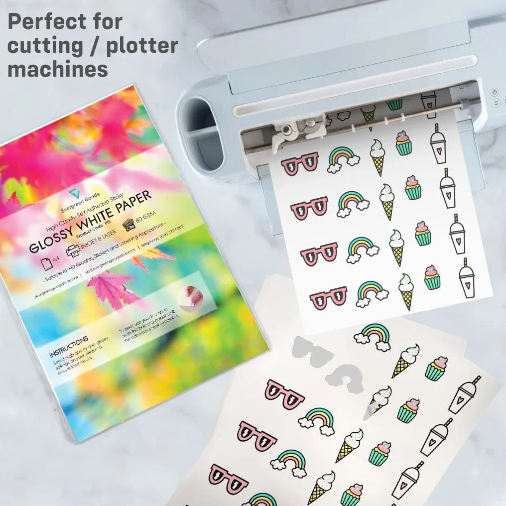 Evergreen Goods 50 fogli carta adesiva lucida A4 bianca autoadesiva stampabile getto d'inchiostro laser