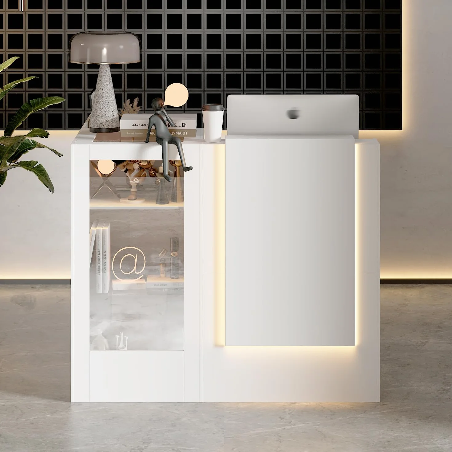 Tavolo di ricezione angolare con cassetto della tastiera, cassetta L con 3 luci colorate, bancone con vetrina in vetro, tavolo reception, bancone