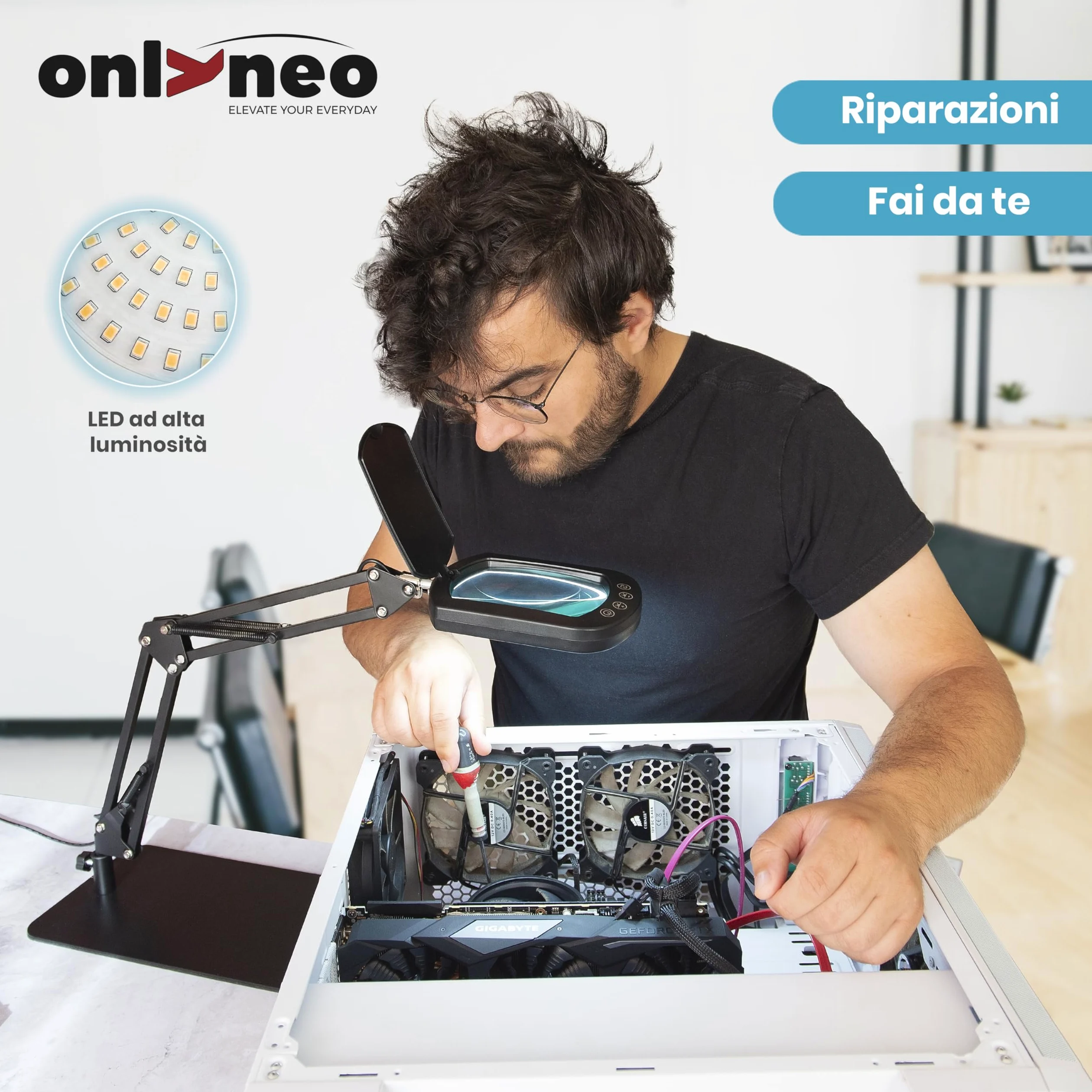 Lampada con Lente Ingrandimento 10X LED Rettangolare Morsetto Base | In vero vetro ottico e robusta struttura in metallo. Per modellismo, lettura, ricamo, estetista, pittura miniature e cucito.