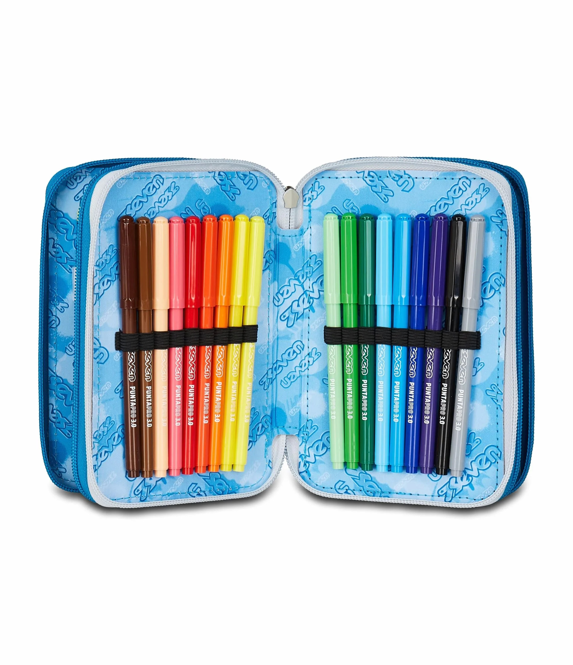 Seven Astuccio Scuola 3 Zip Portapenne Triplo Scomparto Grigio Azzurro