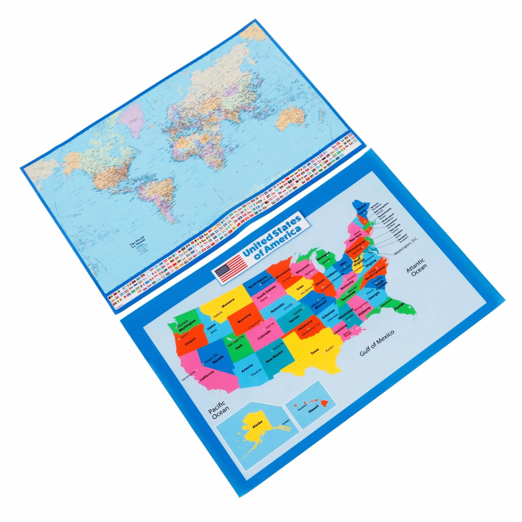 Veemoon Poster Educativo Mappa Del Mondo e Stati Uniti 40x60 Cm Set 2 Pezzi