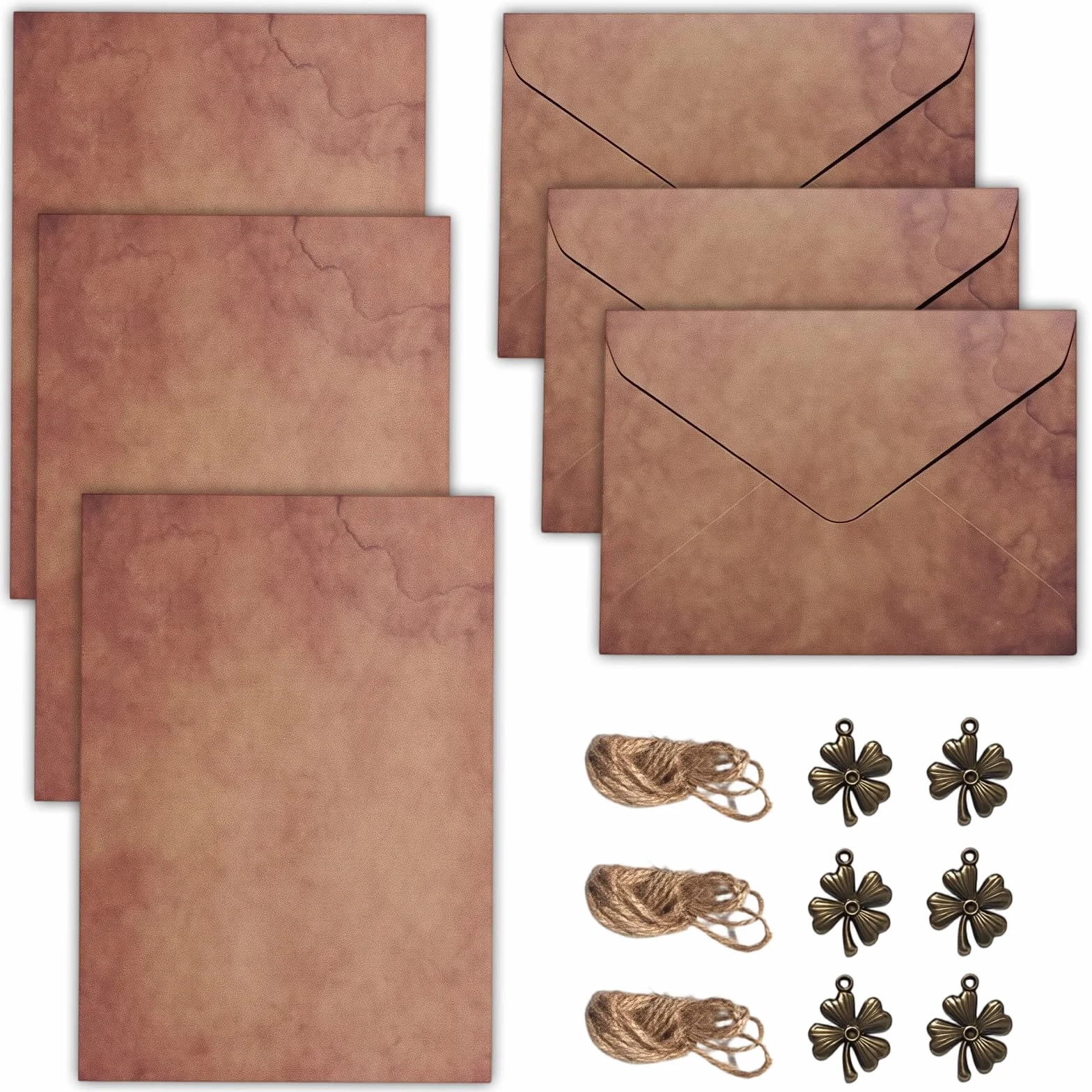 Set Di Cancelleria Vintage Carta Da Lettere Con Busta Pergamena 6 Buste 12 Fogli Ciondoli In Metallo Corda Di Canapa