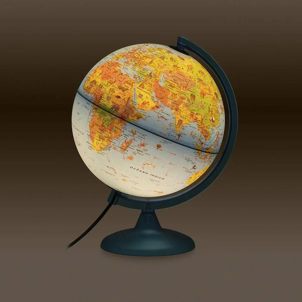 Tecnodidattica - Palloncino Safari per Bambini e Ragazzi | Illuminato e Rotante | Cartografia illustrata e brochure con Informazioni | Meridiano Laureato | Testo in Spagnolo | Diametro 25 cm