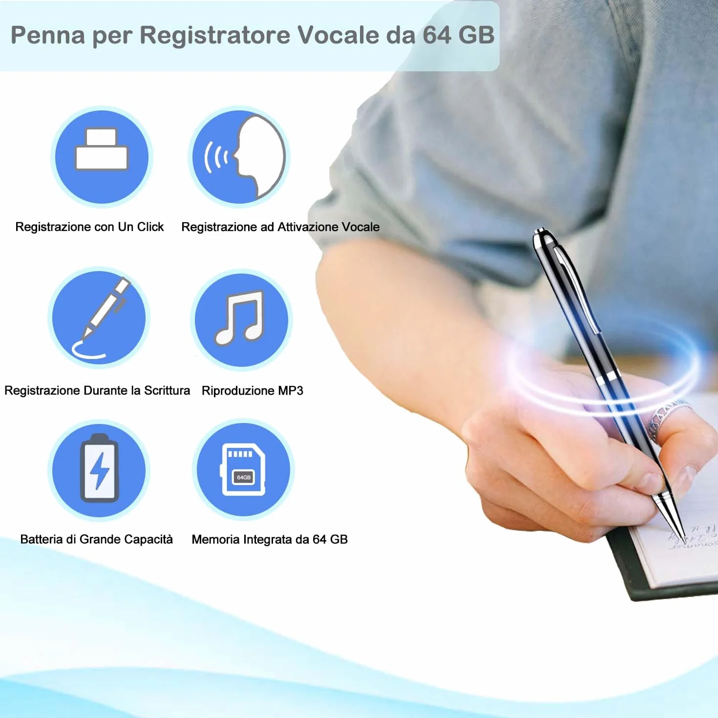 Registratore Vocale Penna 64GB Registratore Vocale Professionale con Attivazione Vocale e Riproduzione MP3 Mini Registratore per Riunioni Interviste Lezioni