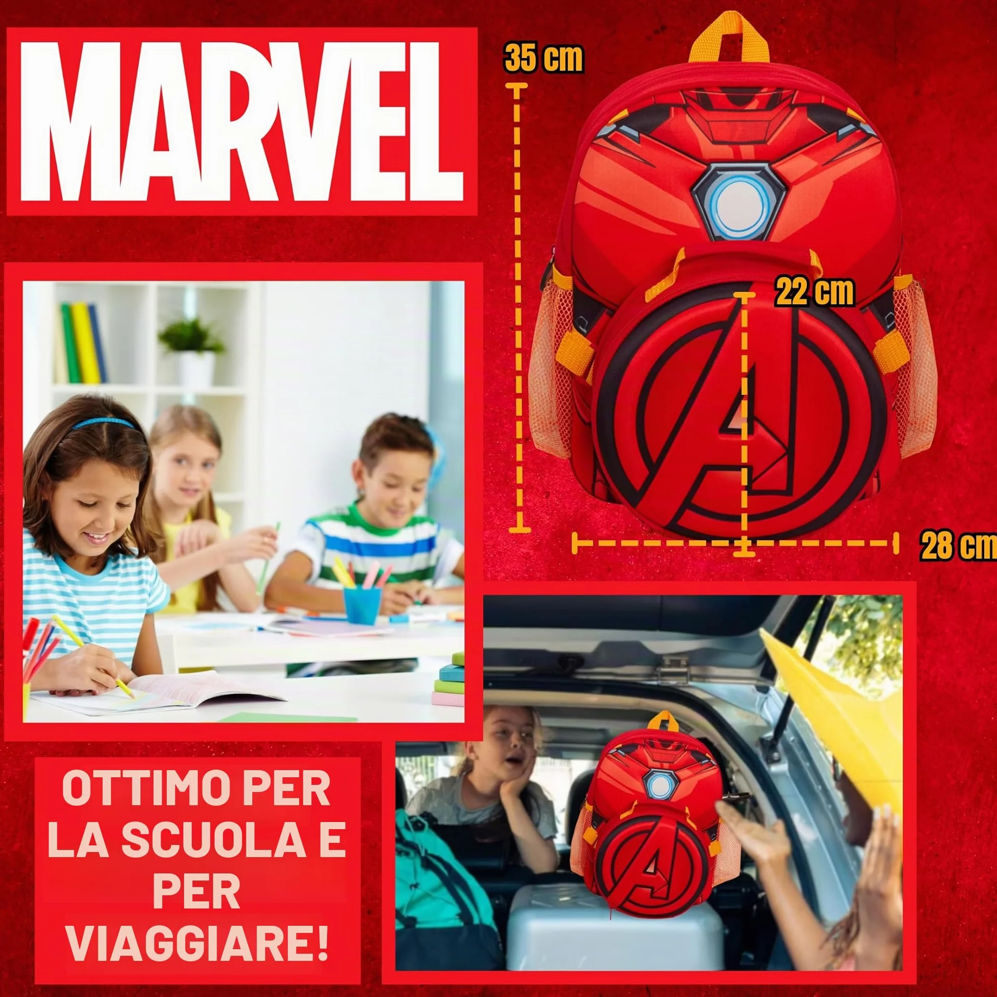 Marvel Zaino per bambini Iron Man Avengers Borsa per il pranzo staccabile Portabottiglie per acqua Set da 2 pezzi