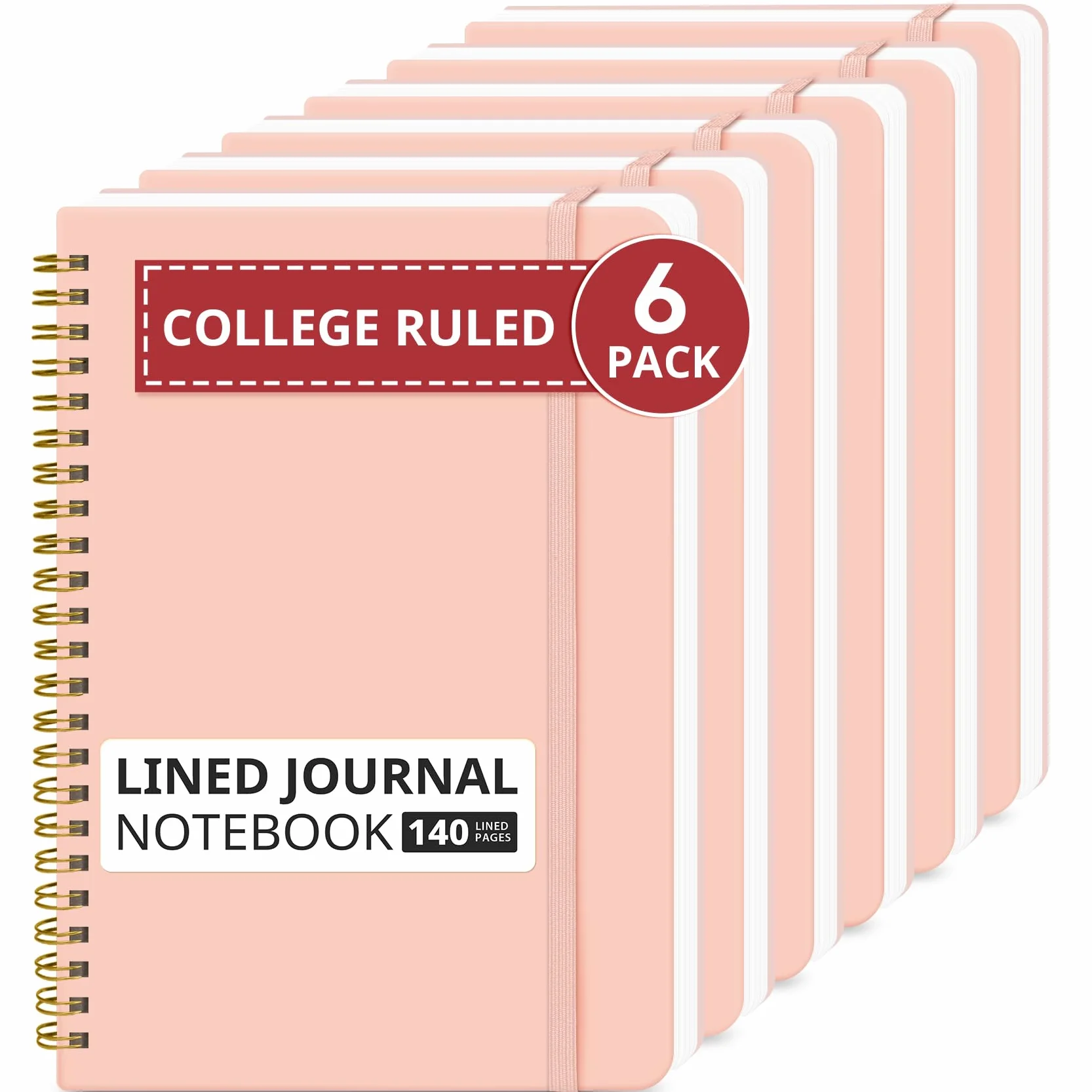 Taja Confezione da 6 quaderni a spirale a righe per lavoro, 140 pagine, formato A5 (14,5 x 20,1 cm), copertina rigida, a righe, per prendere appunti, perfetti per ufficio, scuola e casa, rosa