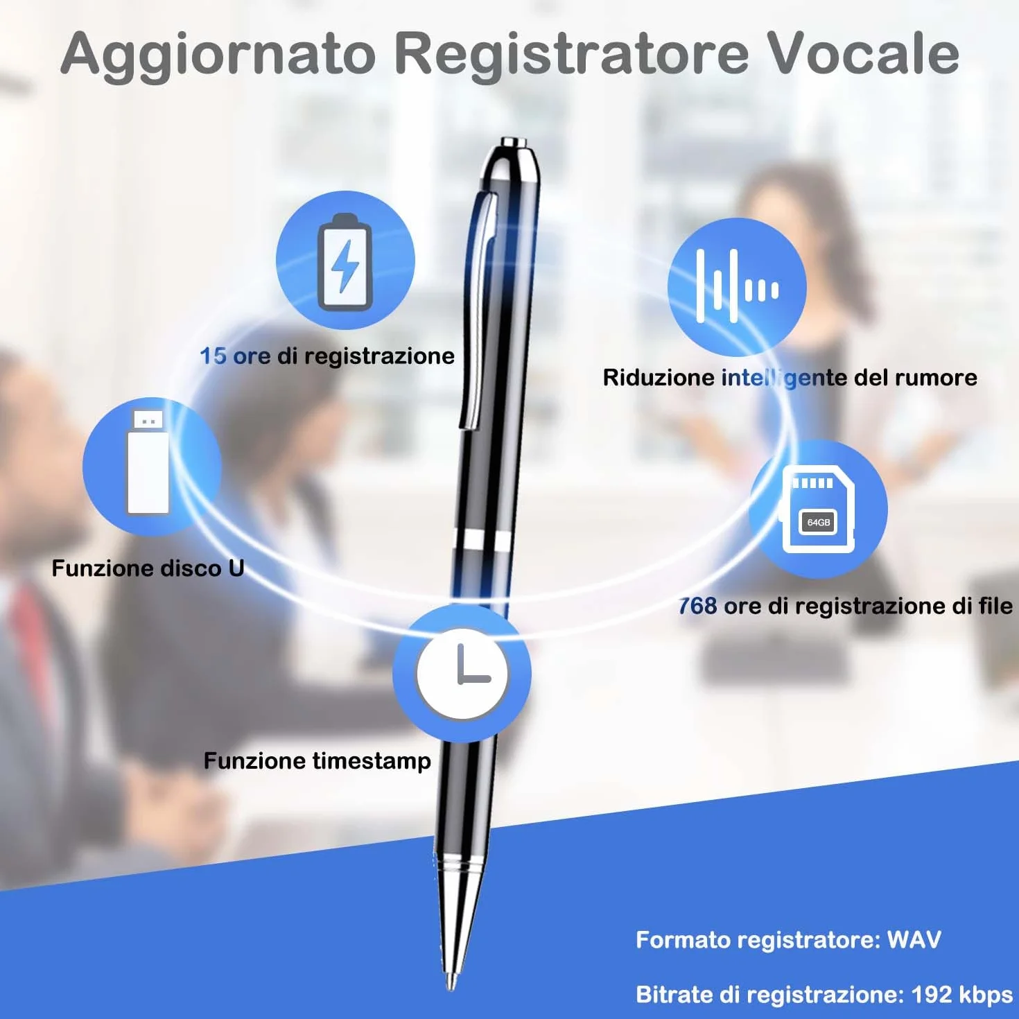 Registratore Vocale Penna 64GB Registratore Vocale Professionale con Attivazione Vocale e Riproduzione MP3 Mini Registratore per Riunioni Interviste Lezioni