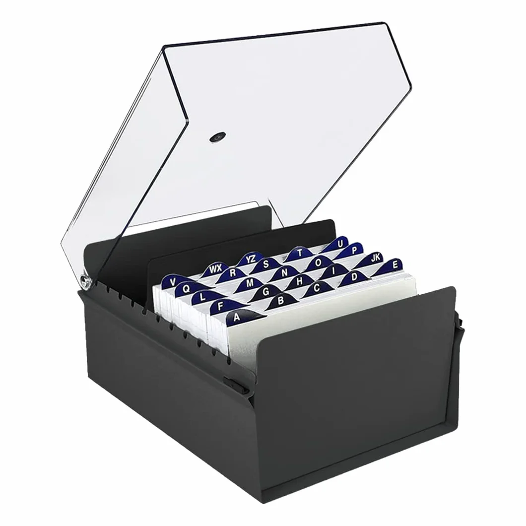 Acrimet Portacarte Organizzatore 5'' x 8’', Base in Metallo Resistente (Indice AZ e un Divisore di Plastica Include) (Base Nero con Coperchio Trasparente in Plastica)