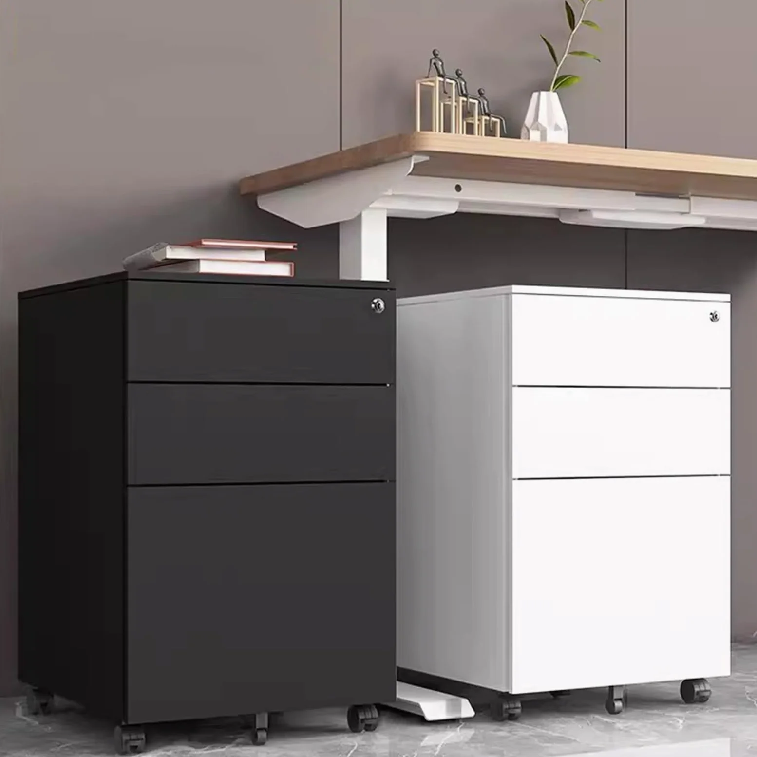Armadietto mobile con serratura con 3 cassetti, soluzione di archiviazione in metallo, per casa e ufficio, cassettiera in acciaio nero (39 x 50 x 60 cm) salvaspazio