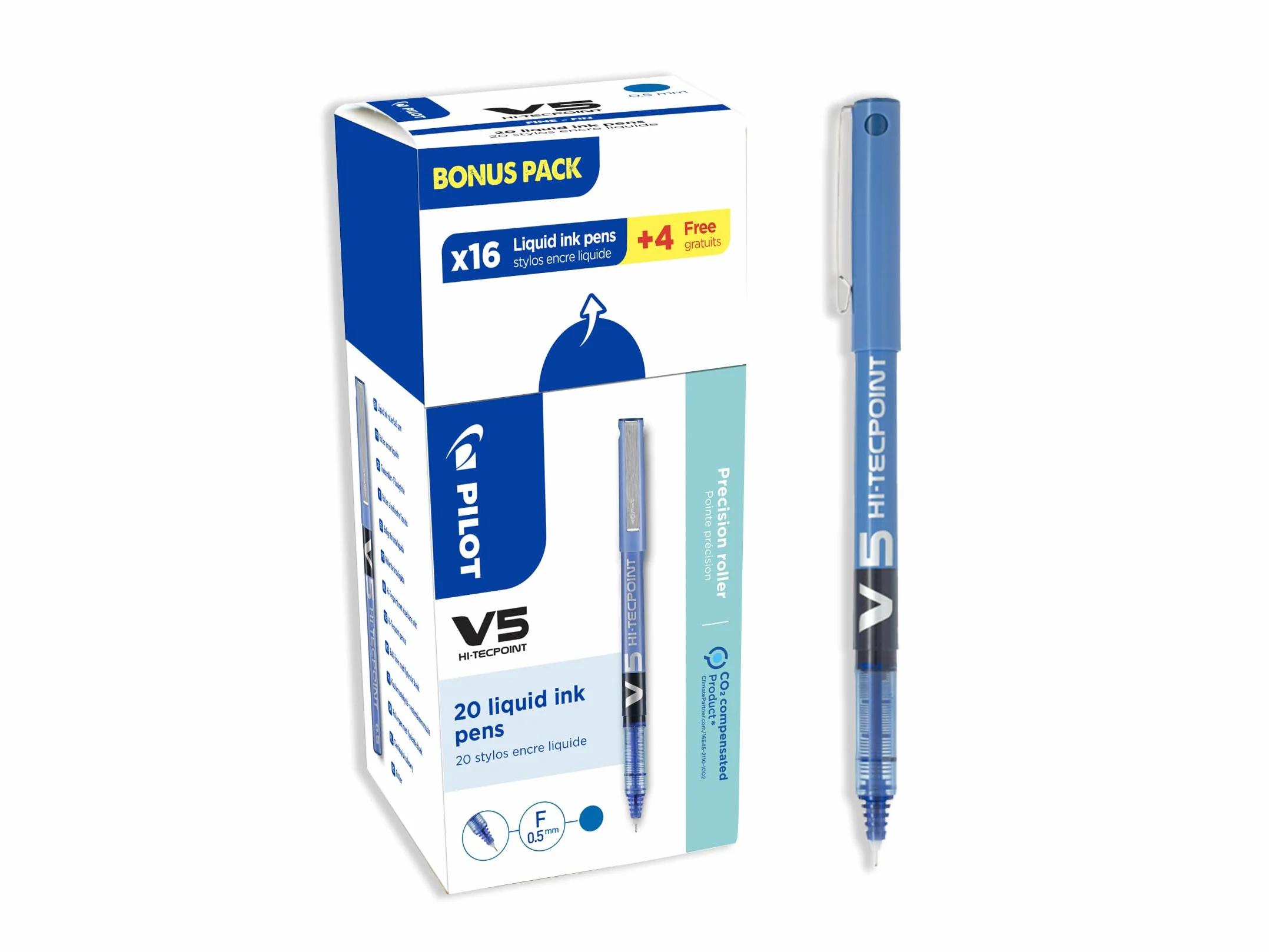 PILOT - Set di 20 V5 - Penne Roller con Inchiostro Liquido - Scrittura Fluida e Precisa - Asciugatura Rapida - Senza Sbavature - Blu - Punta Fine 0,5 mm