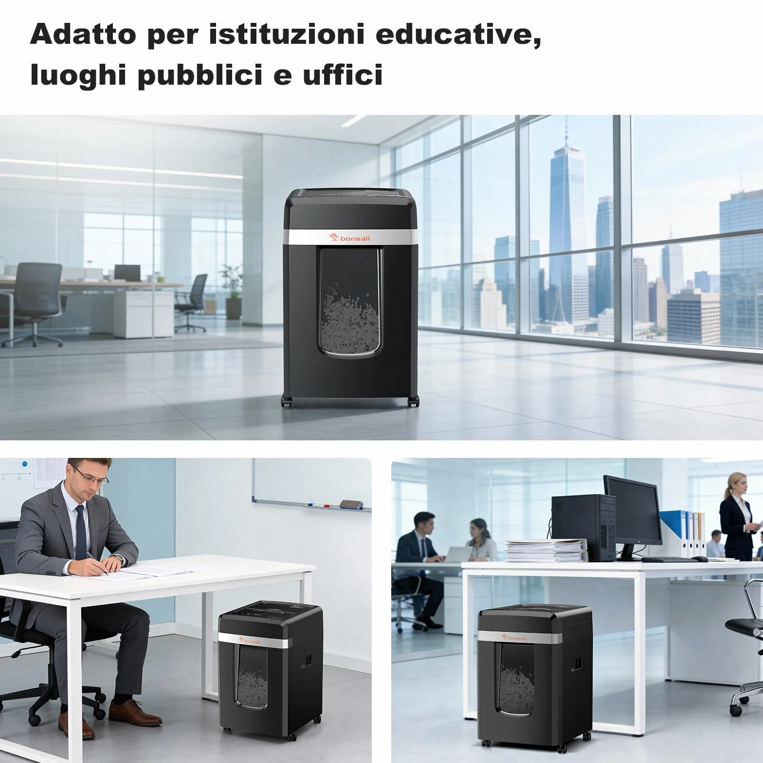Bonsaii C291-A Distruggidocumenti P-4 Micro-Cut, con alimentatore automatico di documenti da 300 fogli, funzionamento continuo, 60 minuti, contenitore per rifiuti da 31 litri