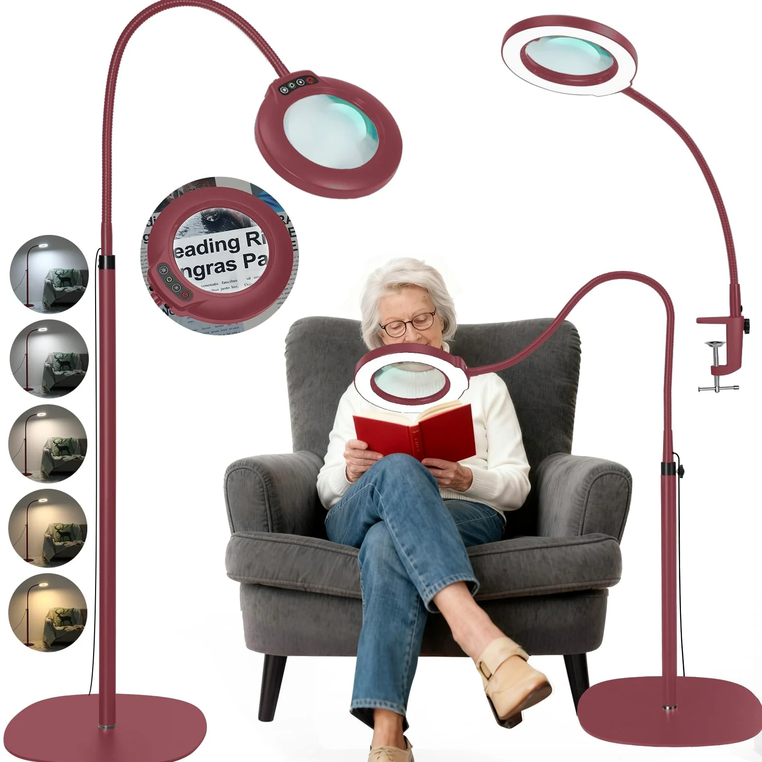 Veemagni 10 lenti in vetro con luce e supporto, 24", flessibile, con collo di cigno, 5 modalità di colore, dimmerabili, 3 in 1, lente d'ingrandimento, mani libere per leggere, colore rosso