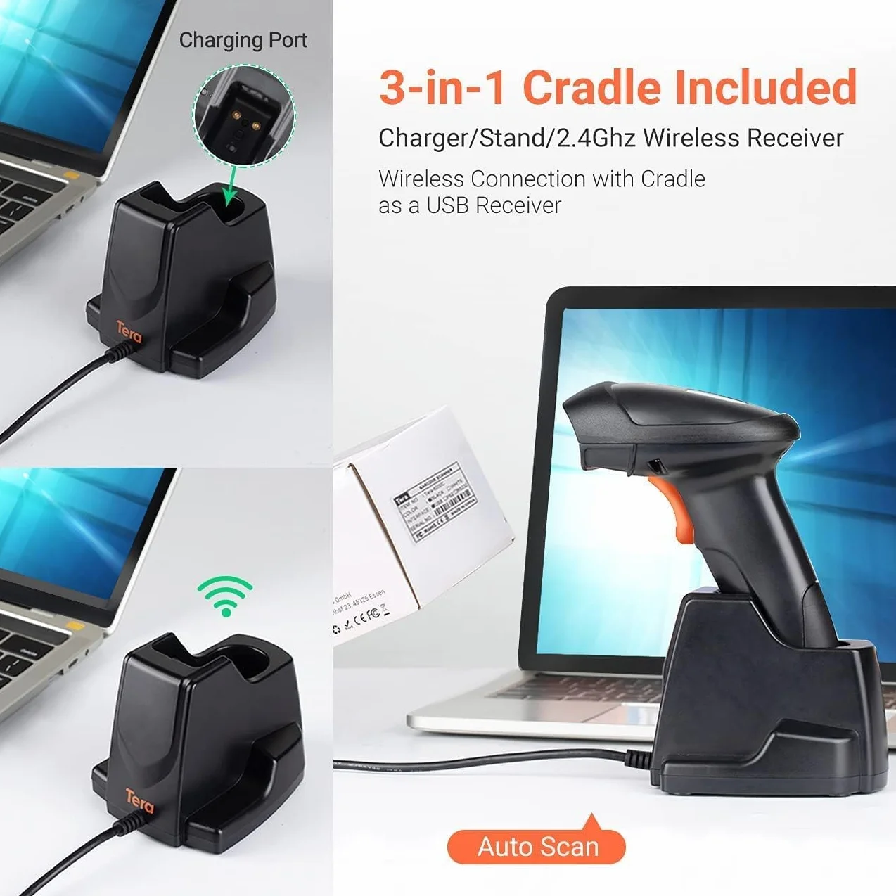 Tera Barcode Scanner Wireless 2,4GHz Lettore di Codici a Barre per 1D Laser con Stazione di Ricarica, Modello di Aggiornamento 6100