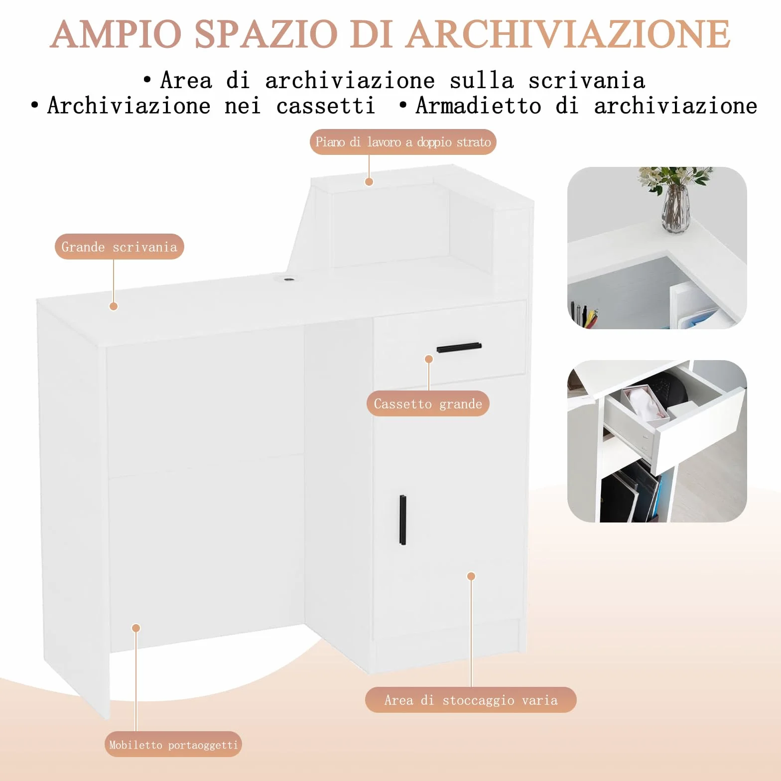 Banco Reception con Cassetto e Ripiani – Bancone Cassa Moderno con Ampio Spazio di Archiviazione, Scrivania Reception per Negozio, Salone di Bellezza, Bar e Ufficio