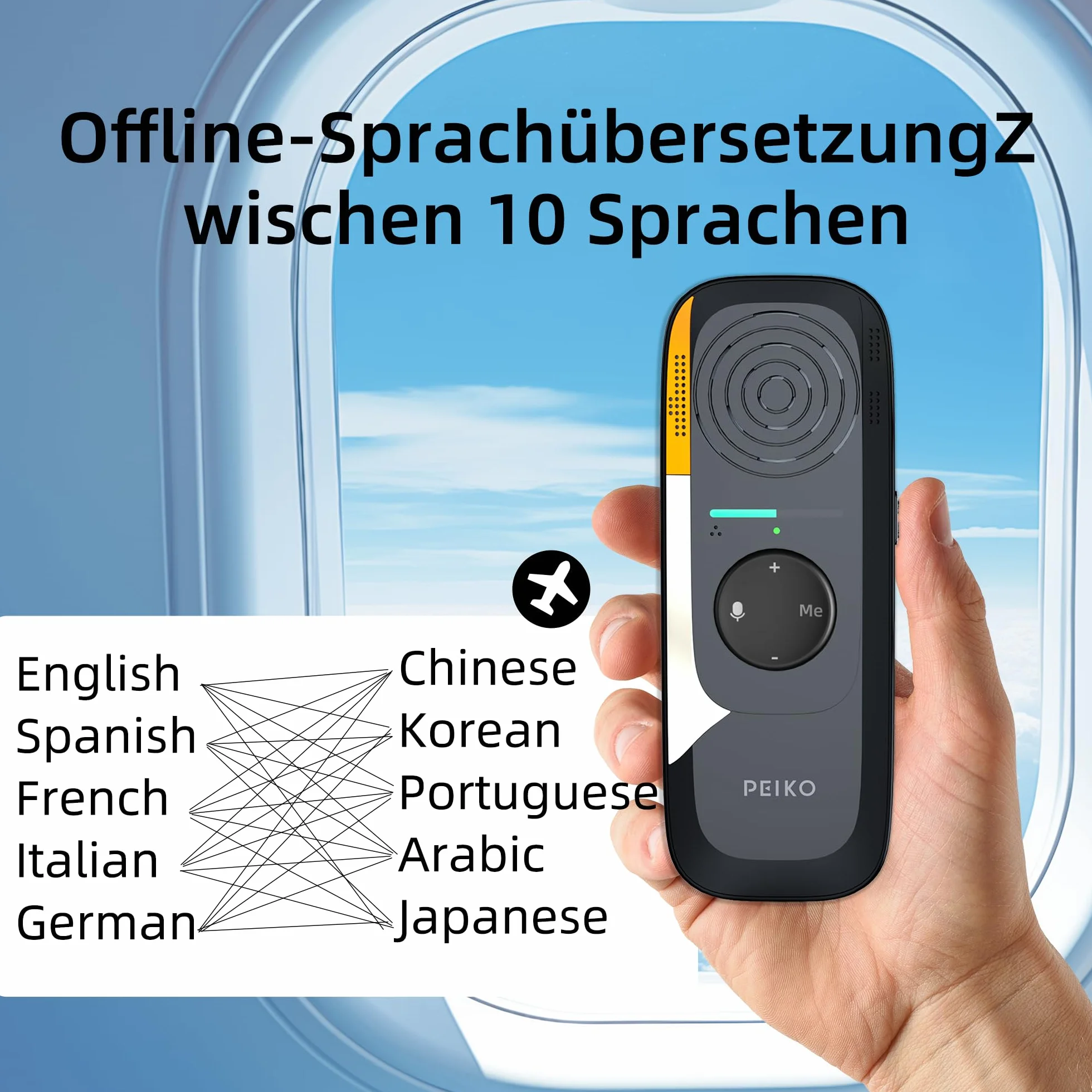 Peiko Traduttore vocale - Traduttore AI in tempo reale con 75 lingue e 136 accenti, traduzione offline bidirezionale, mini traduttore per viaggi, apprendimento e viaggi d'affari