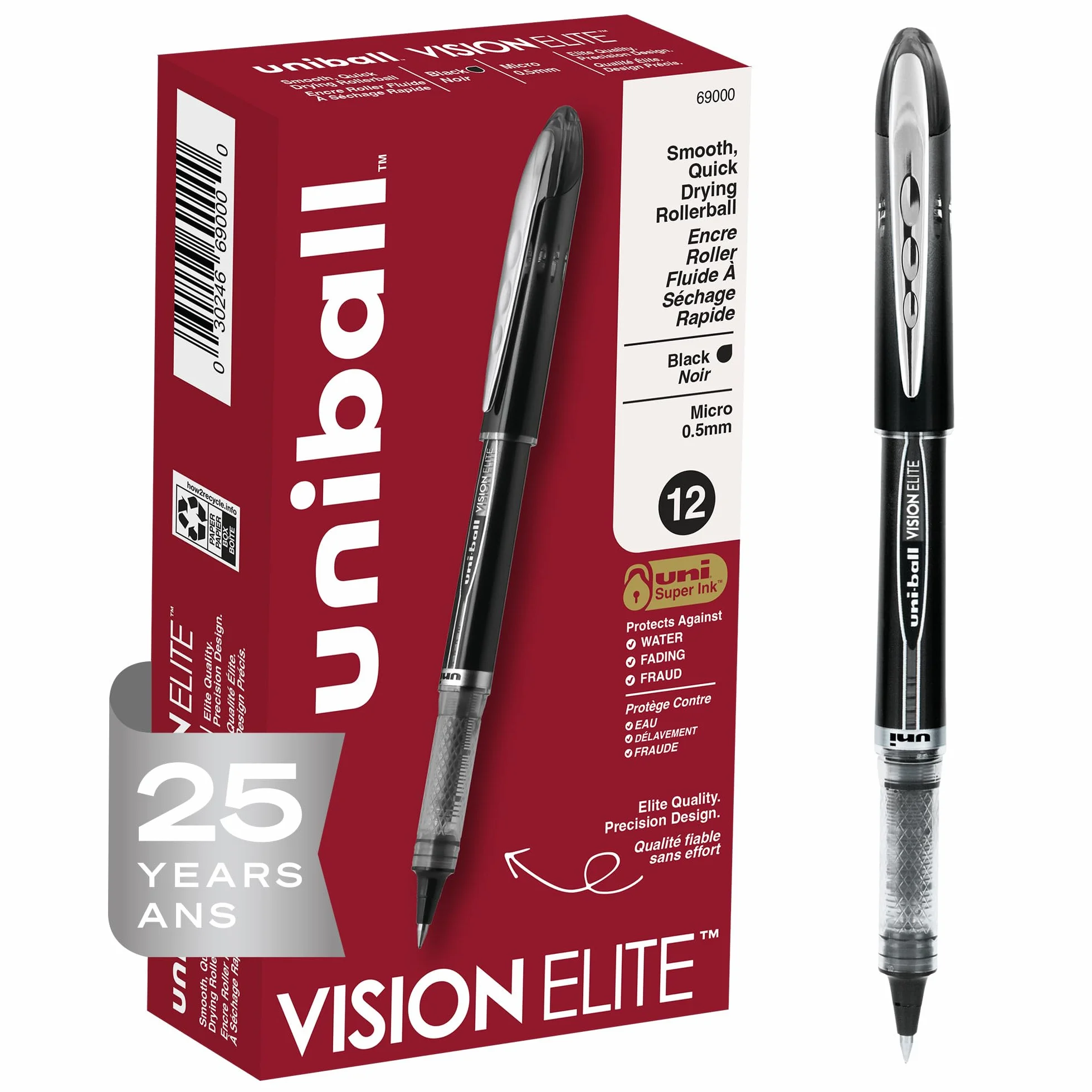 Vision Elite Roller Ball Stick Waterproof Pen Black Ink, Super Fine