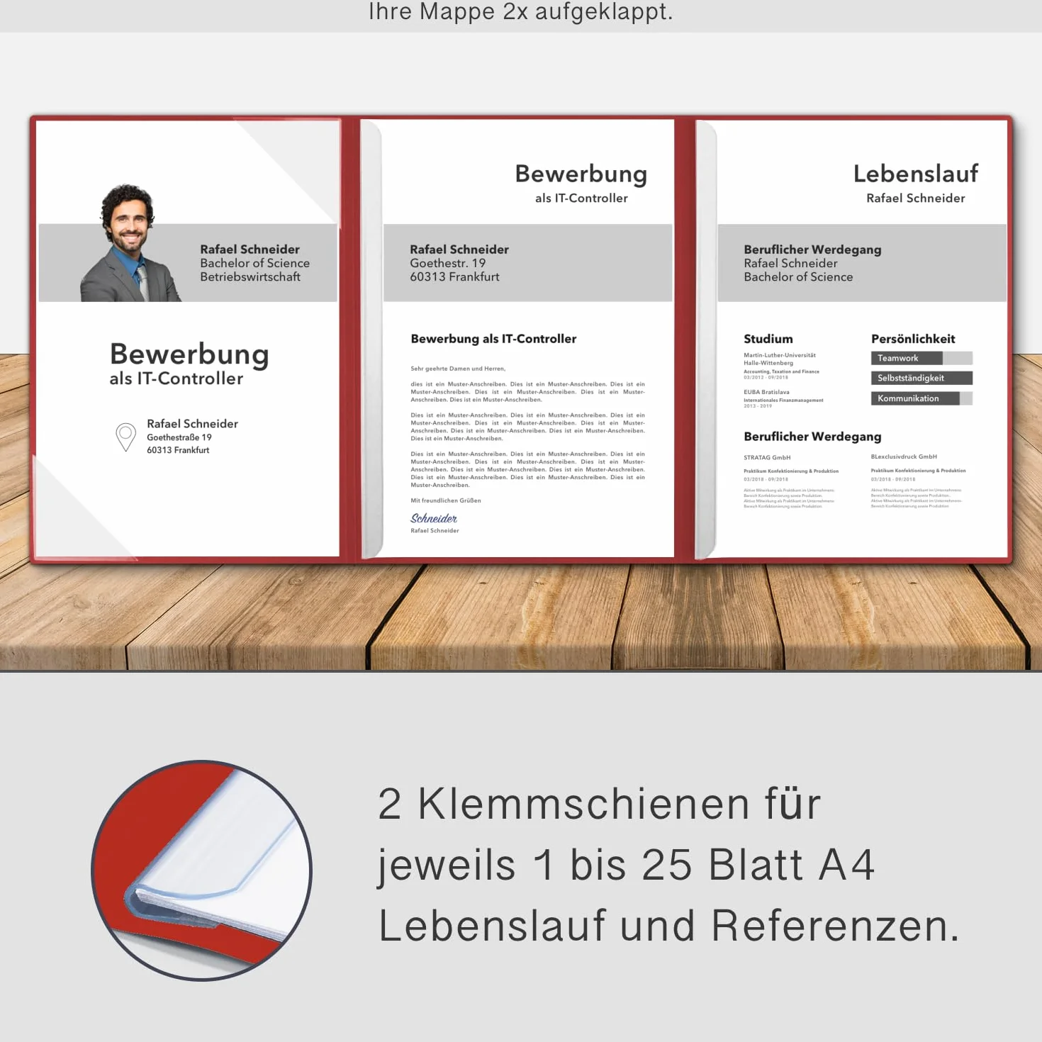 5 cartelline per candidature BL-exclusivdruck® MEGA plus in rosso rubino – qualità premium con elegante rilievo goffrato 'Bewerbung' – design del prodotto di Mario Lemani