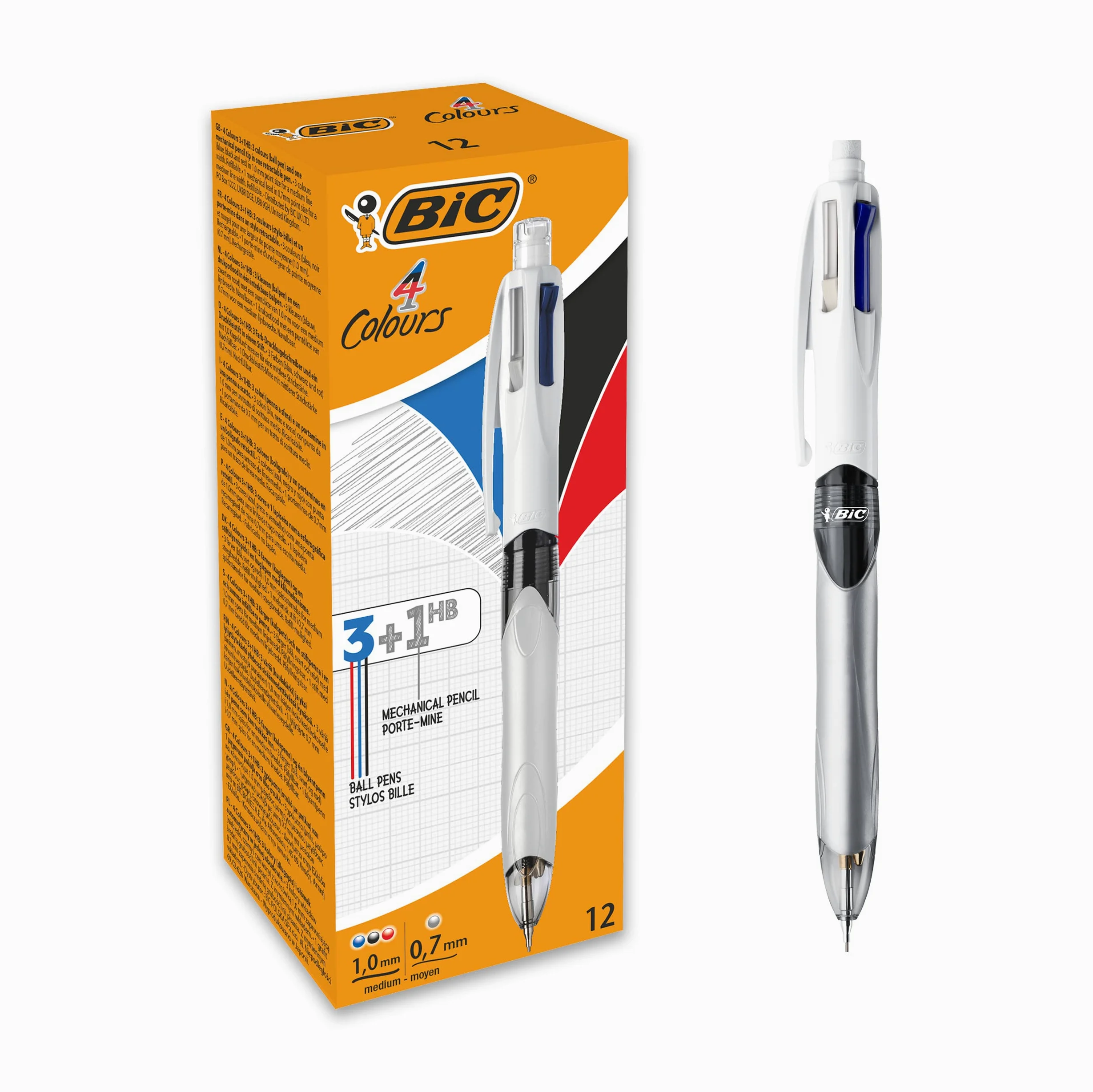 BIC 4 Colori Multifunzione Penna a Sfera a Scatto, 3 Colori (1.0 mm) + 1 Matita Meccanica (0.7 mm), Pacco da 12 Penne & 4 Colori Penne a Sfera a Scatto, Cancelleria Scuola e Ufficio