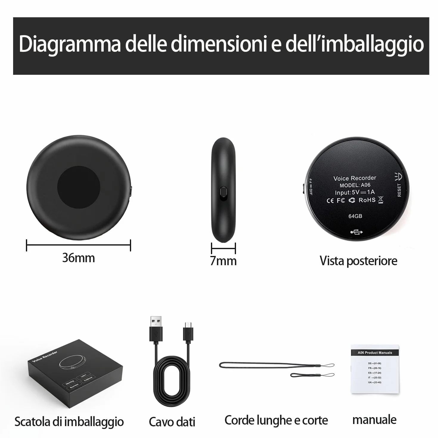 Mini Registratore Vocale Spia, Ricaricabile USB, Memoria da 64GB, Registratore Vocale Spia e Funzioni Attivazione Vocale, Registratore Vocale per Lezioni, Riunioni (3.5 * 3.5 * 0.8)