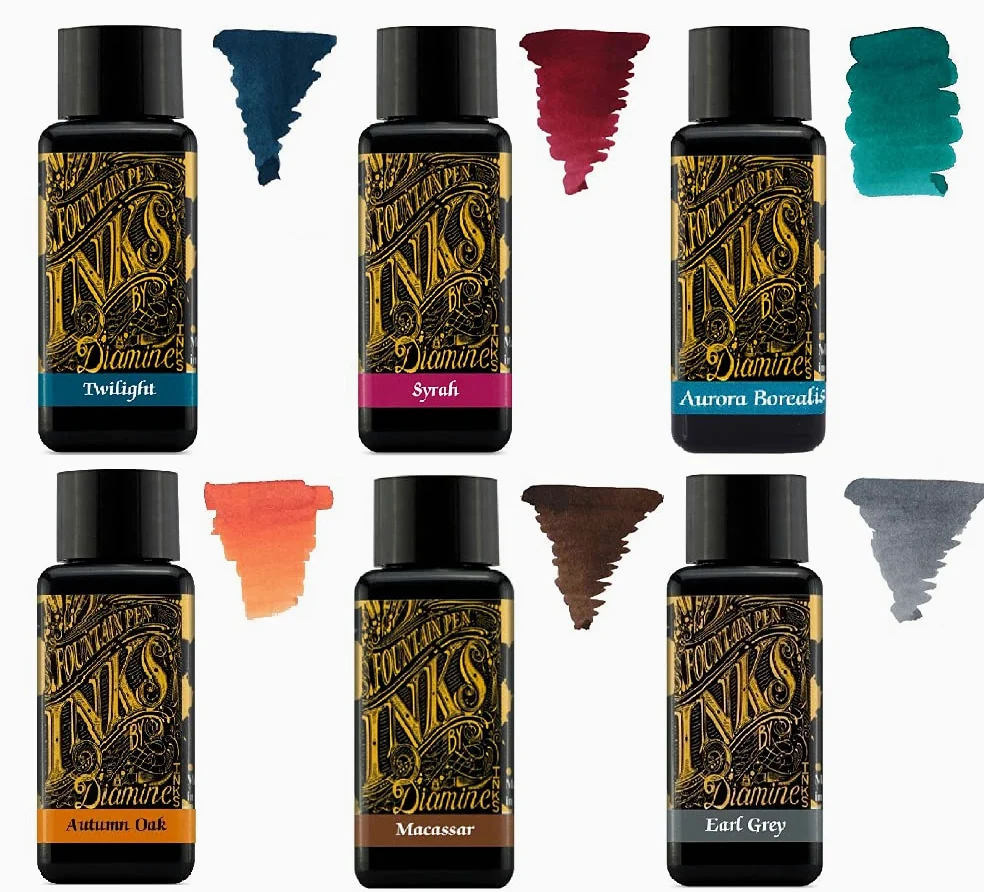 Diamine - Penna stilografica da 30 ml, ruota colorata, 6 bottiglie di rovere autunnale, Syrah, Macassar, Earl Grey, Aurora Borealis, Twilight