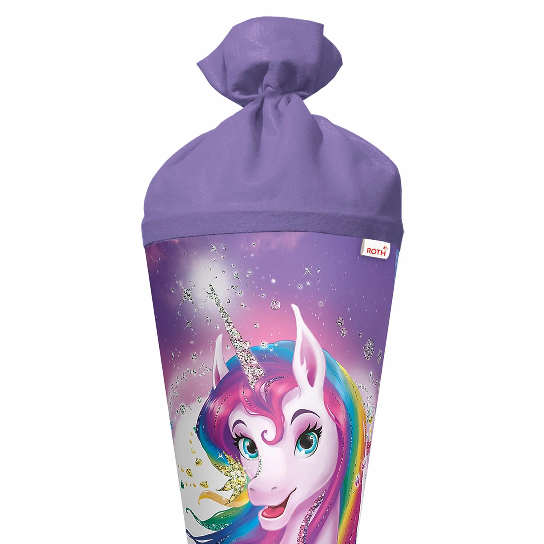 ROTH Sacchetto per la scuola, motivo unicorno, 70 cm, con effetto glitter, rotondo in pizzo rosso (h), chiusura in feltro, con unicorno, glitter