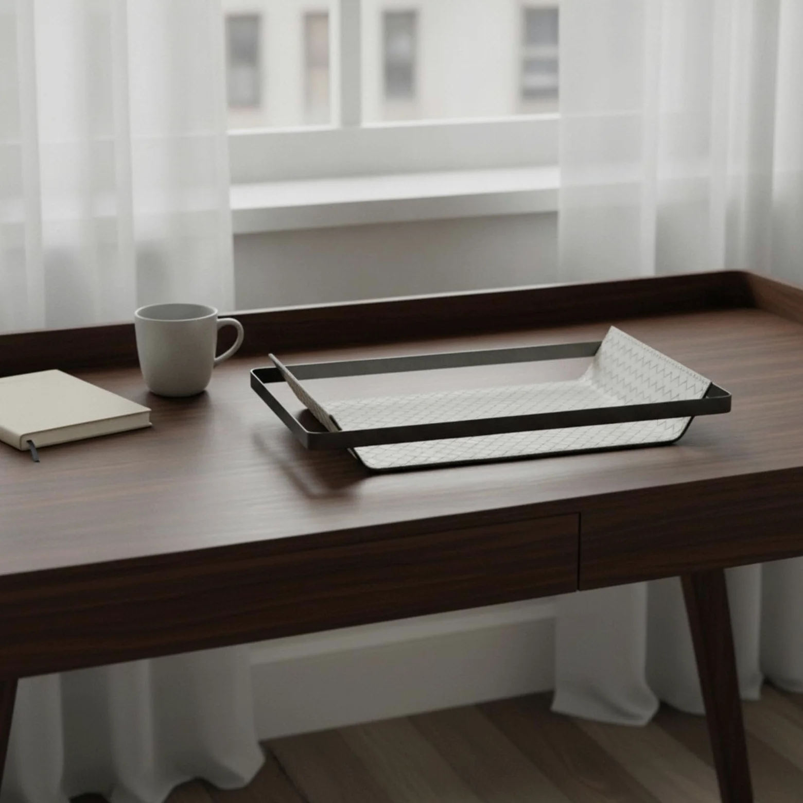 Vassoio da Scrivania Organizer Rettangolare Portadocumenti Vassoio Valet Portaoggetti con Metallo Scuro E Interno Goffrato Design Sobrio E Pannelli, Bianco, Grande 45 27 5cm
