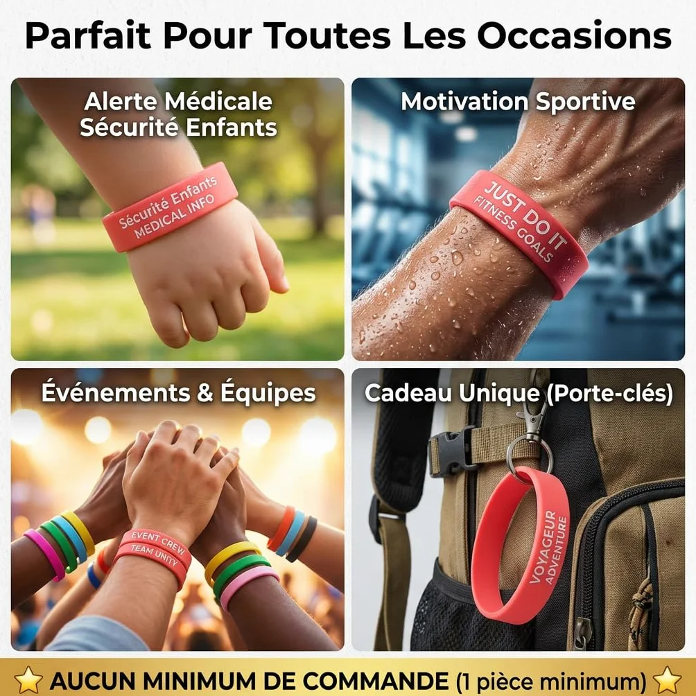 Braccialetti personalizzati in gomma con messaggio di testo per eventi raccolte fondi