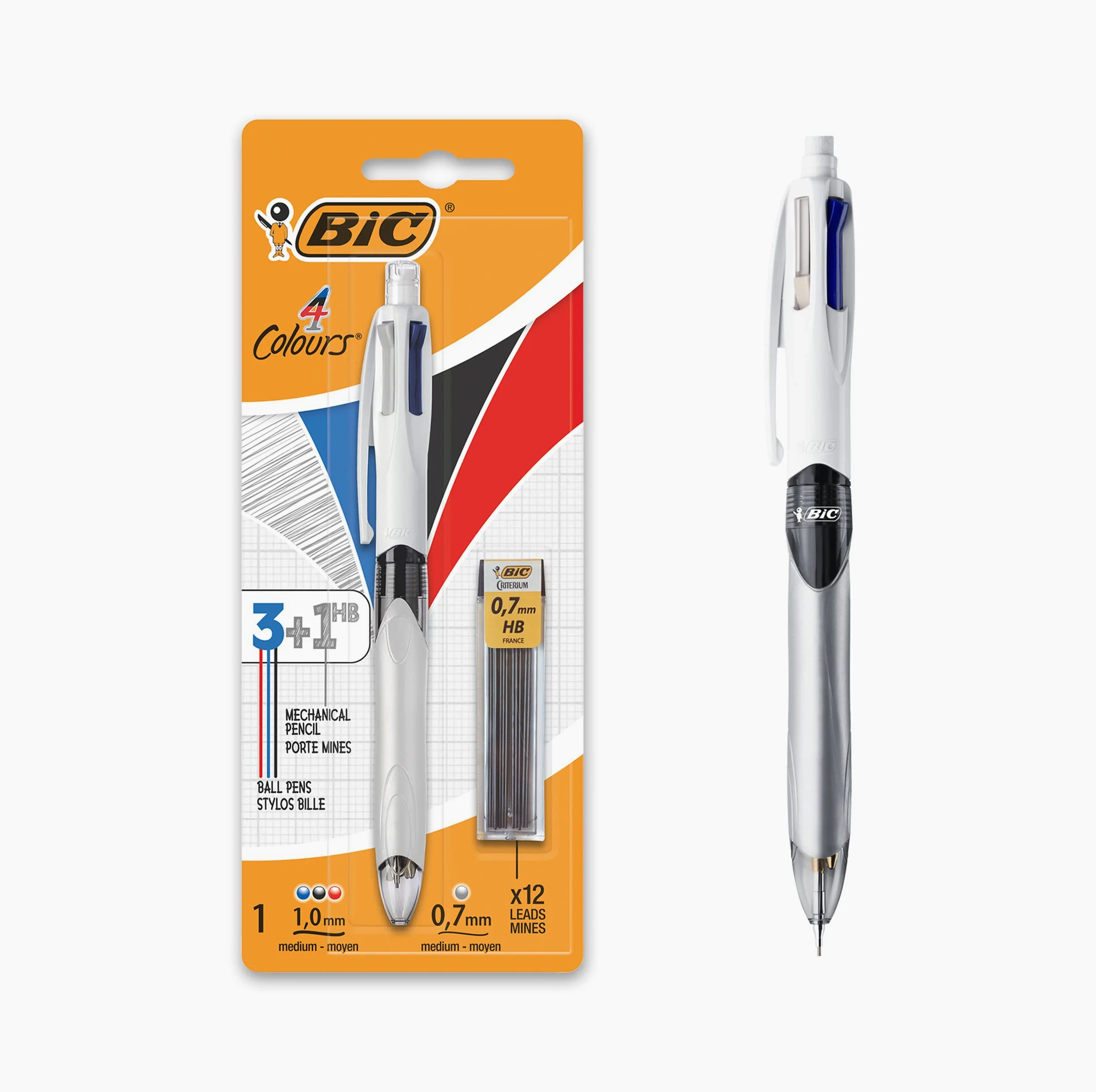 BIC 4 Colori Multifunzione Penna a Sfera a Scatto, 3 Colori (1.0 mm) + 1 Matita Meccanica (0.7 mm), Pacco da 12 Penne & 4 Colori Penne a Sfera a Scatto, Cancelleria Scuola e Ufficio